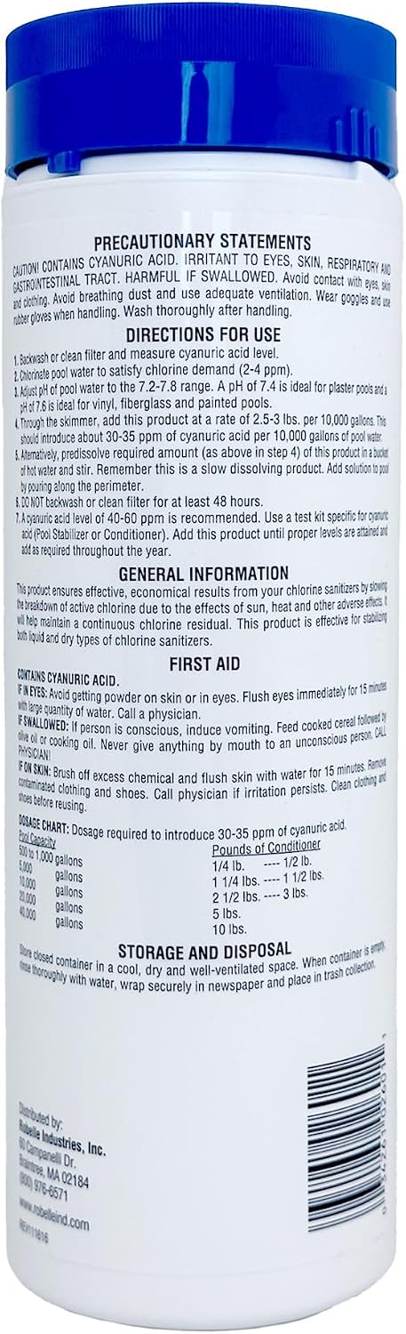 Robelle 1.75-Pound Chlorine Stabilizer and Conditioner, Made in USA | Concentrated Cyanuric Acid for Pools, Pool Stabilizer, Helps Chlorine Last Longer, 6 oz raises CYA 10 ppm per 5,000 gallons