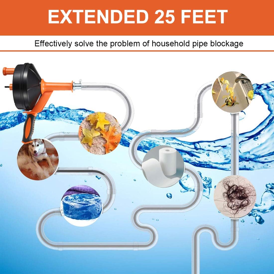 Drain Auger, 25 Feet Plumbing Snake Drain Clog Remover Tool 4-in-1 Set | Included Drain Clog Remover, Hair Clog Remover, Cleaning Brush, for Kitchen