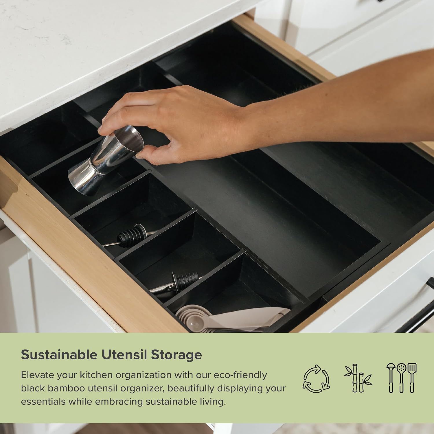 Utensil & Junk Drawer Organizer, 16-28 in, Bamboo | Food-safe contract grade, 100% sustainable wood, non-slip, adjustable