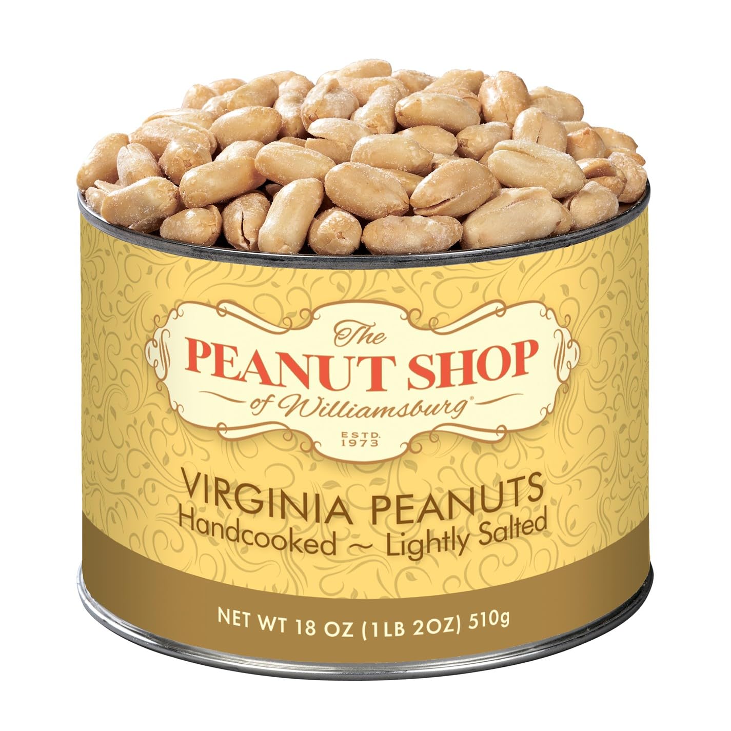 The Peanut Shop of Williamsburg Extra-Large Handcooked Lightly Salted Virginia Peanuts Williamsburg Peanuts Non-Gmo Kosher Gluten-Free No Preservatives - 32 Oz Tin