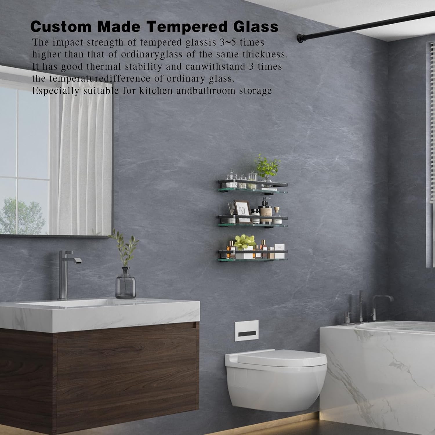 VOLPONE Bathroom Wall Shelf 15.7in Bathroom Glass Shelves Wall Mount Glass Shelf Rustproof Bathroom Wall Organizer 3 Tier (Sliver)