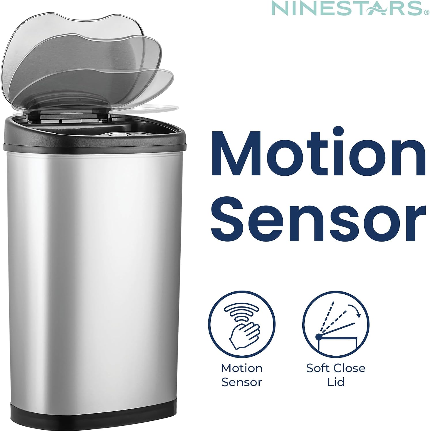 Ninestars 13 Gallon Oval Automatic Trash Can, 50L Touchless Motion Sensor Kitchen Garbage Can with Odor-Sealing Lid, Silver Stainless Steel