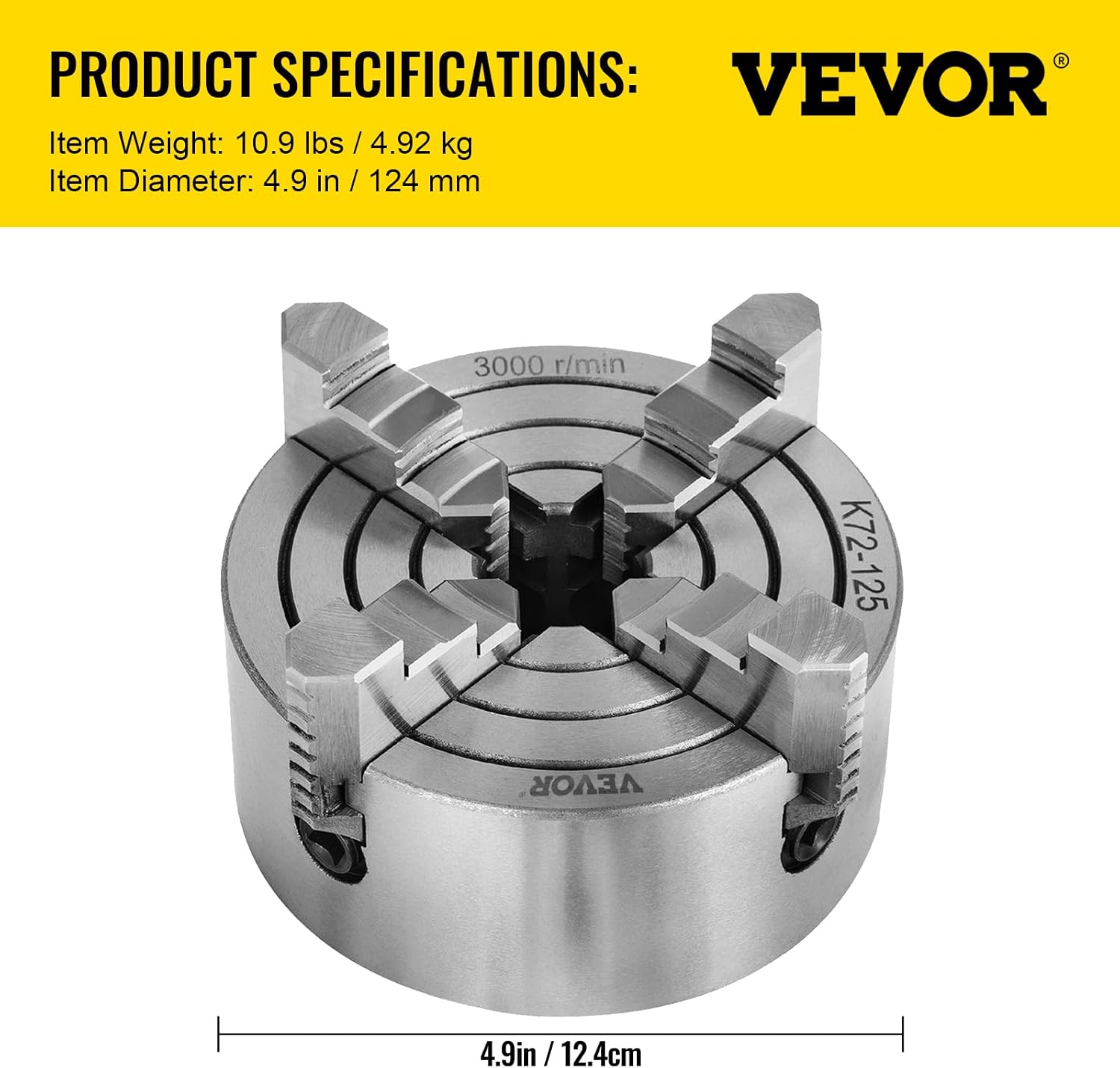 Vevor K72-125 Lathe Chuck 5 Inch 4-Jaw, Lathe Chuck Independent Reversible Jaw, Metal Lathe Chuck Turning Machine Accessories