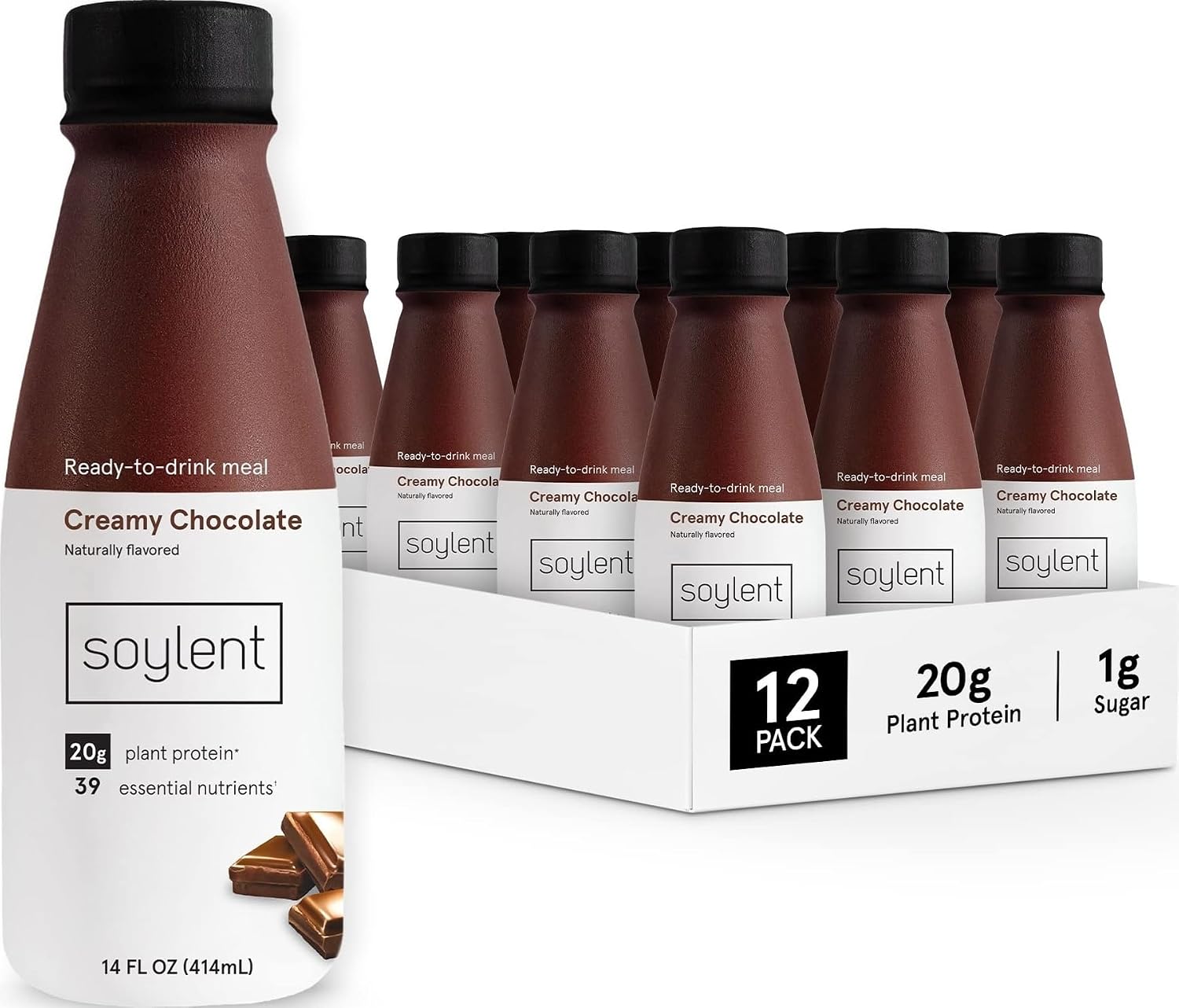 Soylent Creamy Chocolate Meal Replacement Shake, Ready-to-Drink Plant Based Protein Drink, Contains 20g Complete Vegan Protein and 1g Sugar, 14oz