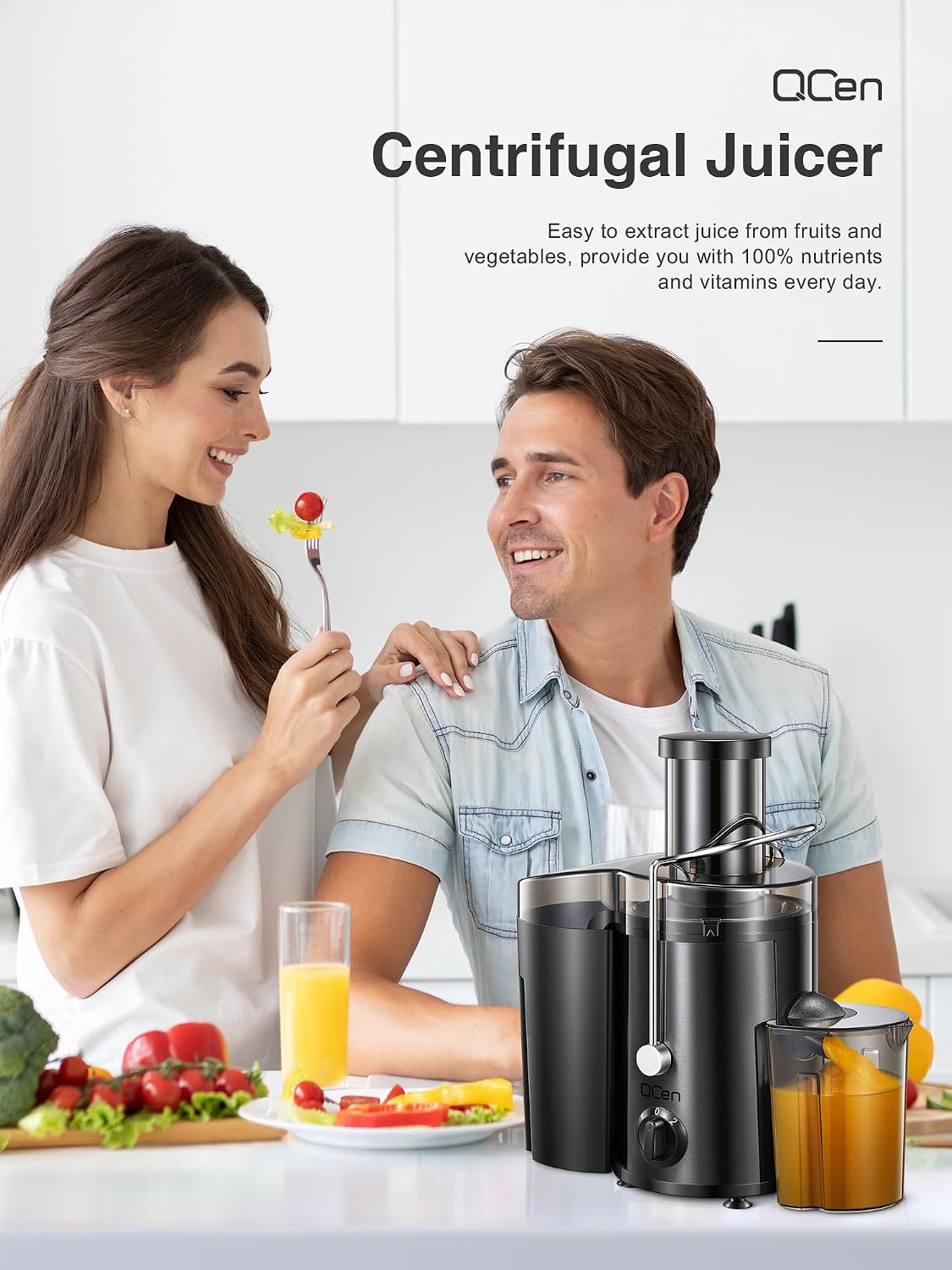 QCen Juicer Machine 500W Centrifugal Juicer with Extra Wide Feed Chute