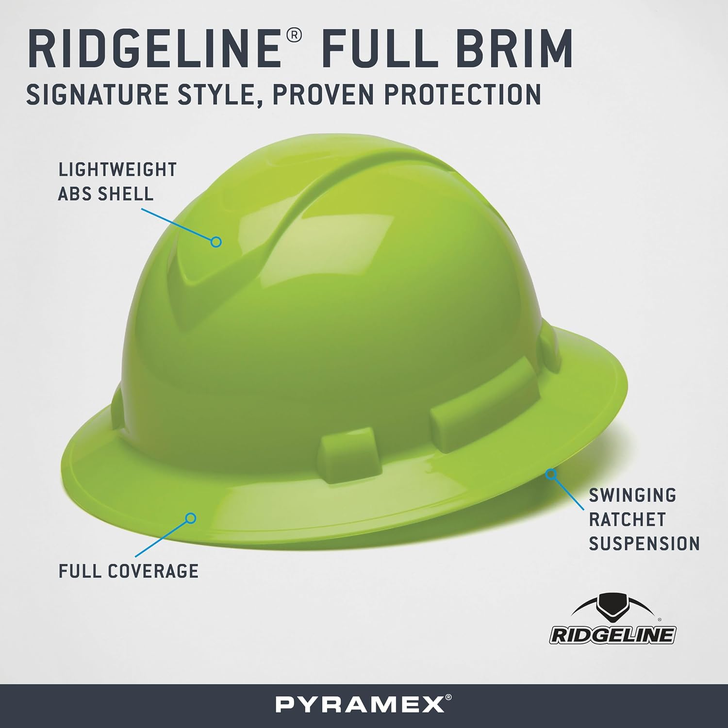 Pyramex Ridgeline Full Brim Hard Hat 4 Point Ratchet White | Full-brim sun & rain protection, HDPE shell, Ratchet suspension, Construction & utility, ANSI Z89.1 Type I Class C/G/E