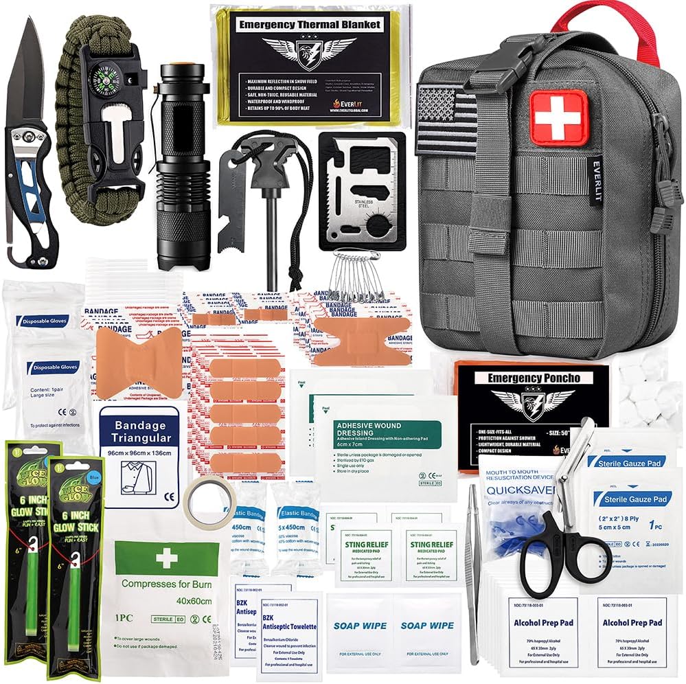 EVERLIT 250 Pcs Survival First Aid Kit | IFAK Outdoor Survival Kit Emergency Kit For Camping Hiking Hunting Earthquake Emergency Preparedness