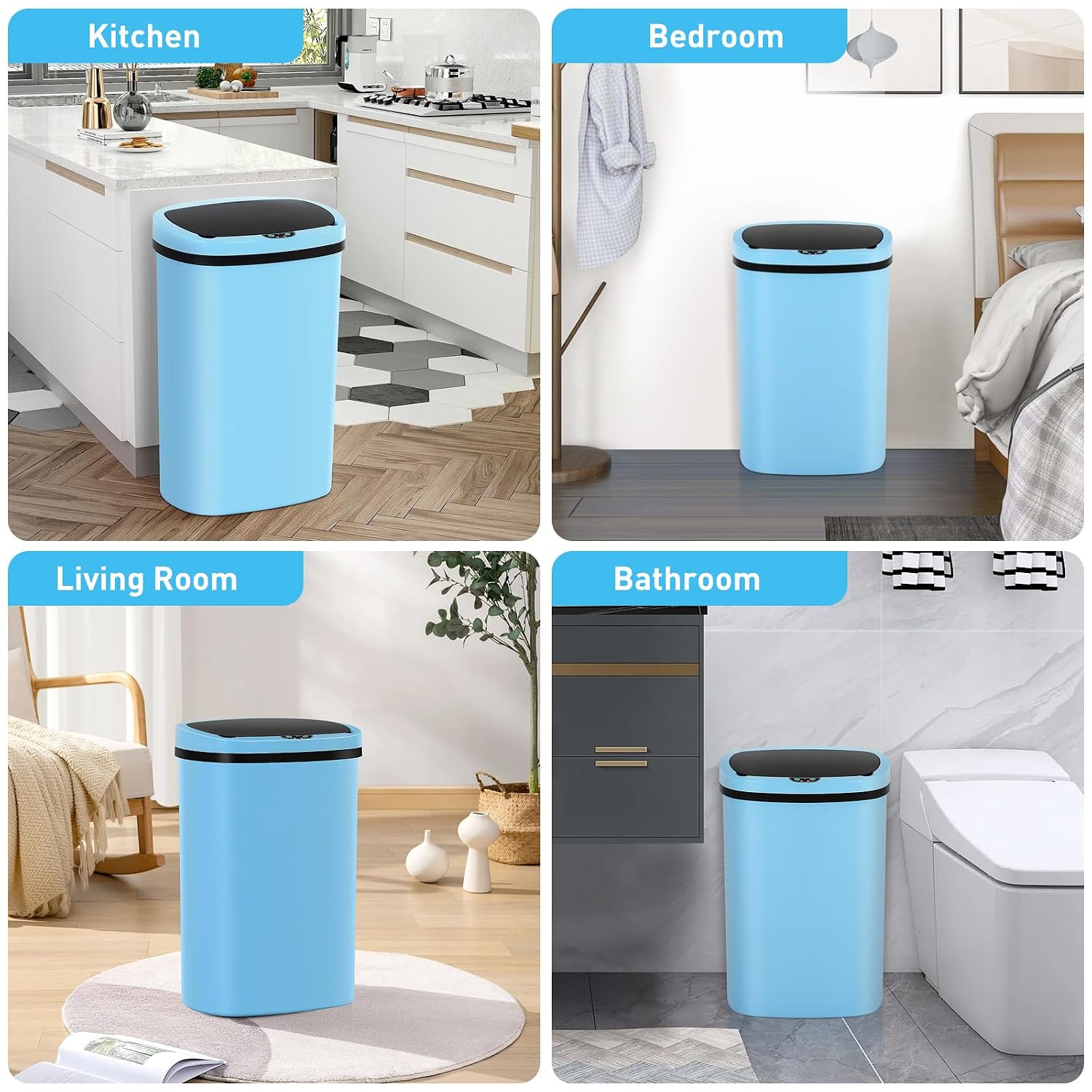 13 Gallon Touch-Free Automatic Stainless-Steel Trash Can Garbage Can Metal Trash Bin with Lid for Kitchen Living Room Office Bathroom, Electronic Motion Sensor Automatic Closure & Opening