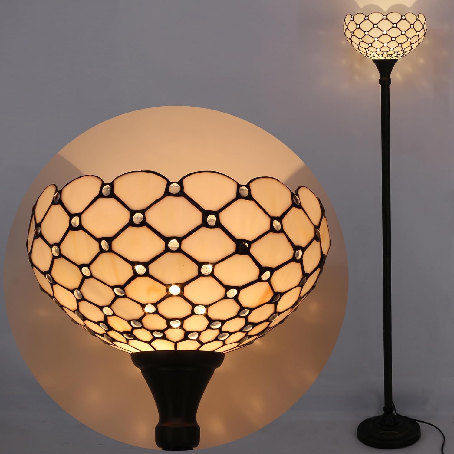 WERFACTORY Tiffany Floor Lamp Cream Amber Stained Glass Torchiere Light | 12X12X71 Inches Pole Standing Corner Torch Bead Uplight Decor Bedroom