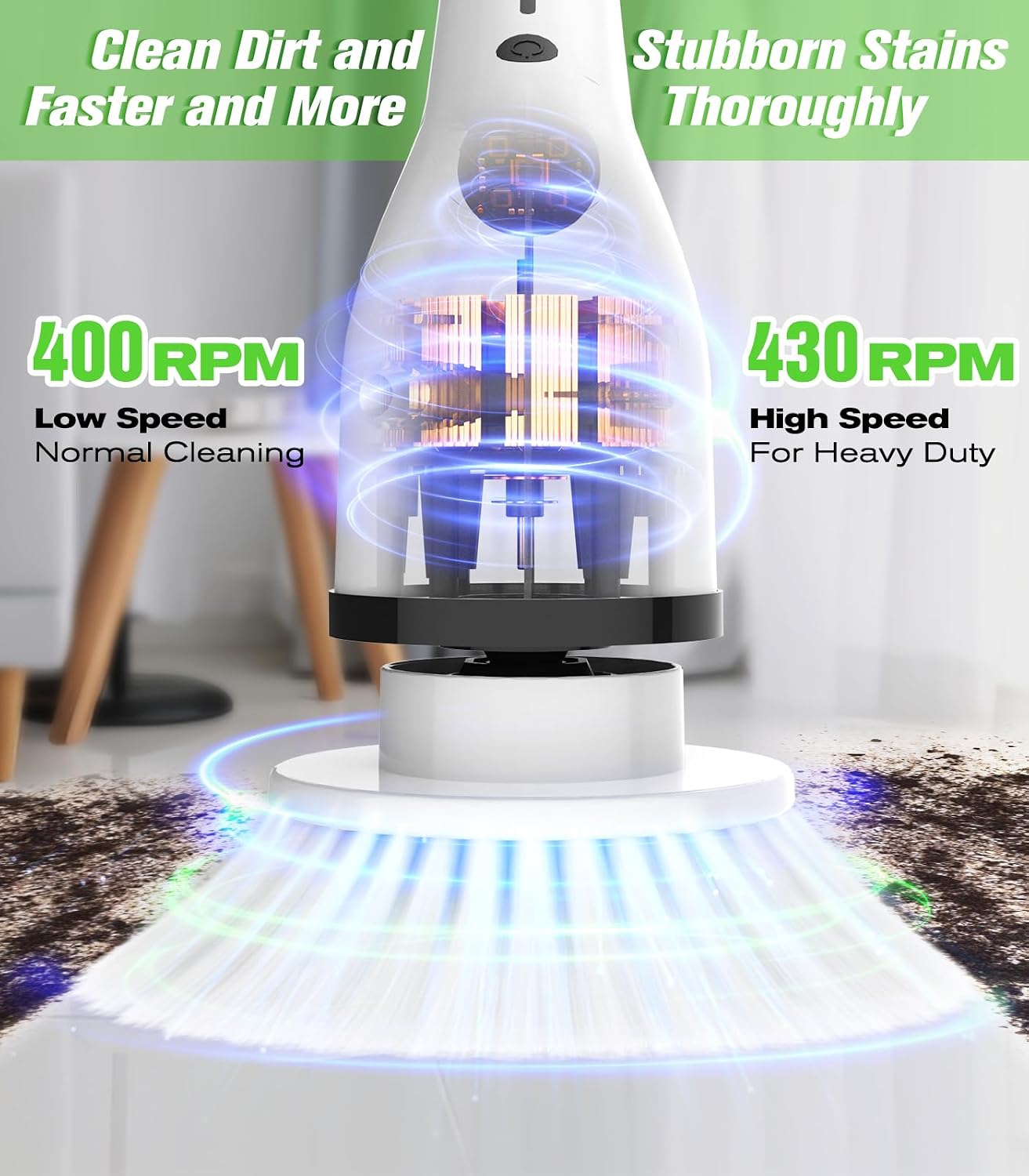 Electric Spin Scrubber, 3-Speed Flat End Brush with 8 Brush Heads & Base, IPX7 Waterproof, Adjustable Long Handle, Digital Display, 2500mAh Fast Charging, for Bathroom, Tub, Tile, Floor