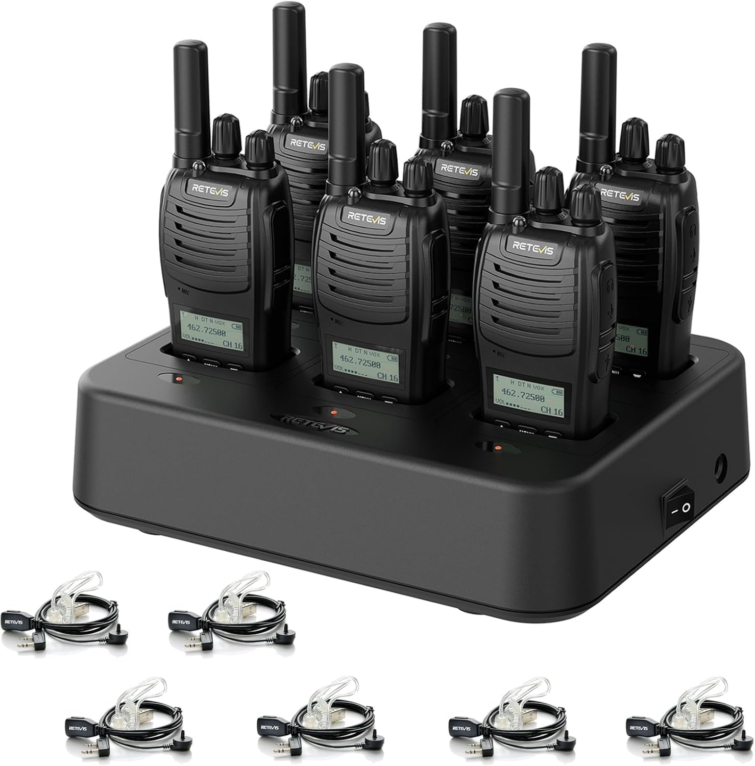 Retevis H777H Walkie Talkies with Earpeice,Portable FRS-Two Way Radio 6Pack | For Schools, Shatterproof Hidden Display, 6-Way Charger, USB-C, Emergency Alarm, Flashlight, with Stretchable Coiled Headset