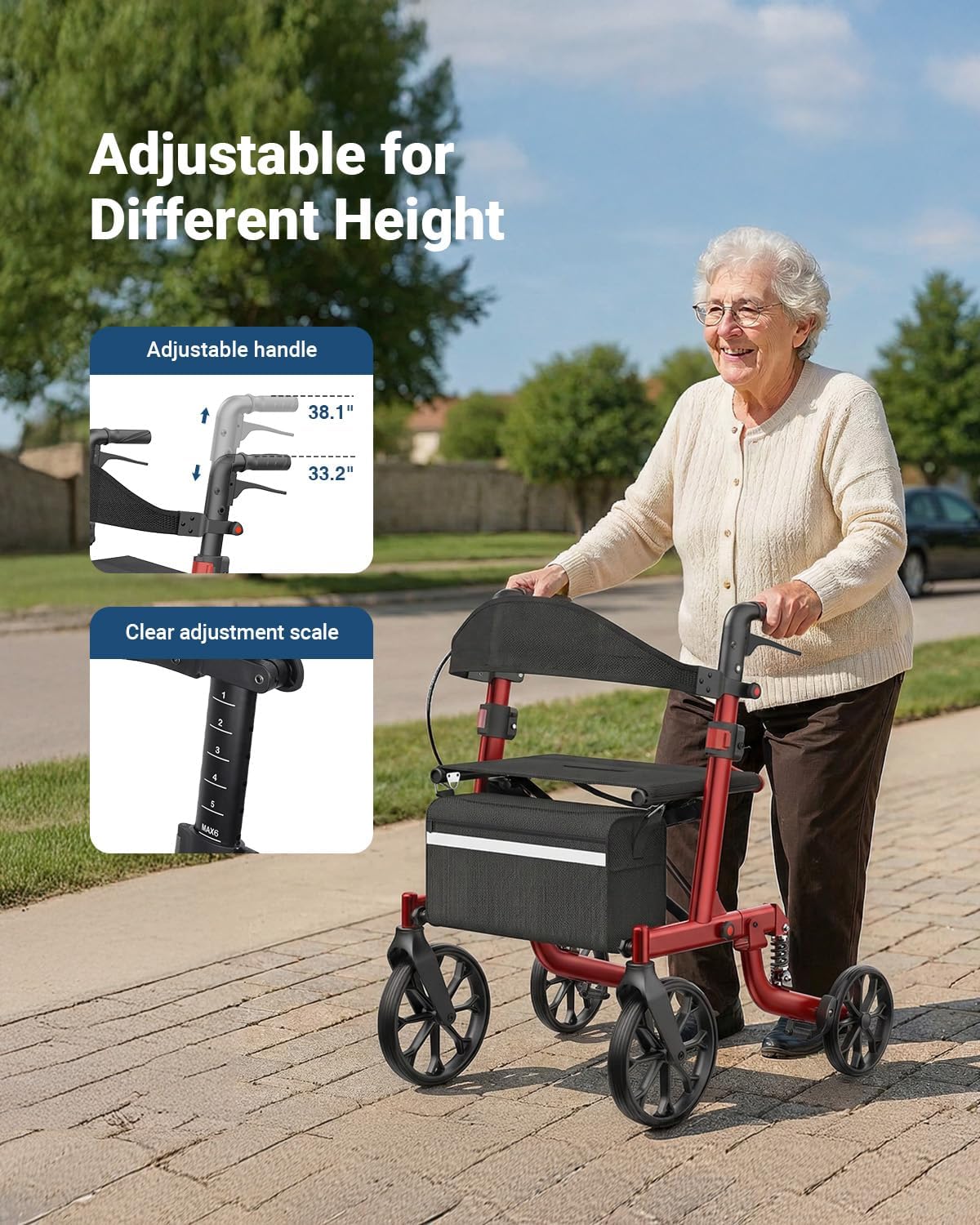 Foldable Rollator Walkers with Seat for Seniors, All Terrain Outdoor（Red | Patented Shock-Absorbing,Tool-Free Adjustment,350 lbs Capacity, 10″ Solid Wheels,16.3lbs Lightweight, Fit 61"-74" Tall User