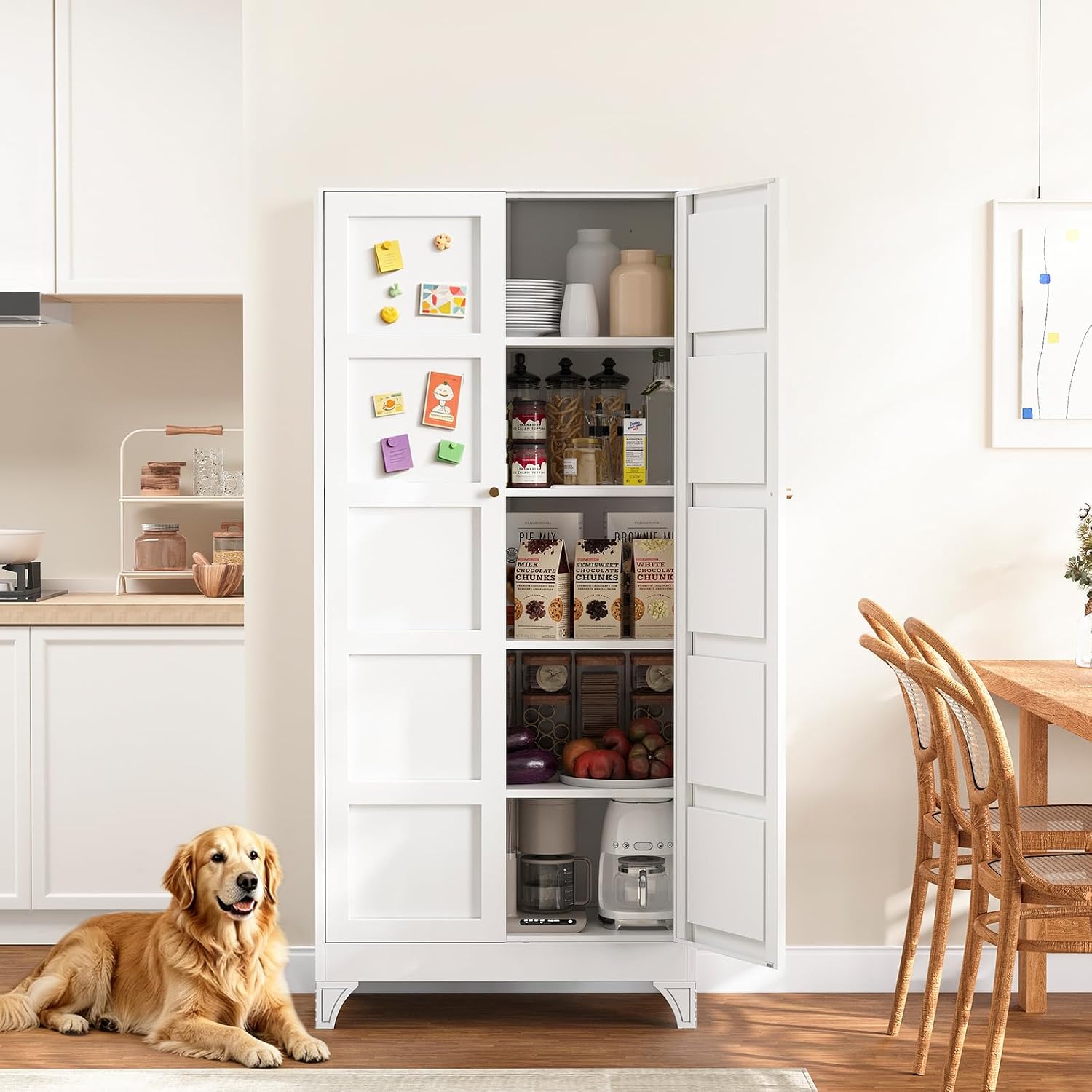 Metal Storage Cabinet with 2 Doors and 4 Adjustable Shelves - 61" White Kitchen Pantry Storage 5-Tier Tall Steel Cabinets Locker for Kitchen, Living Room, Dining Room