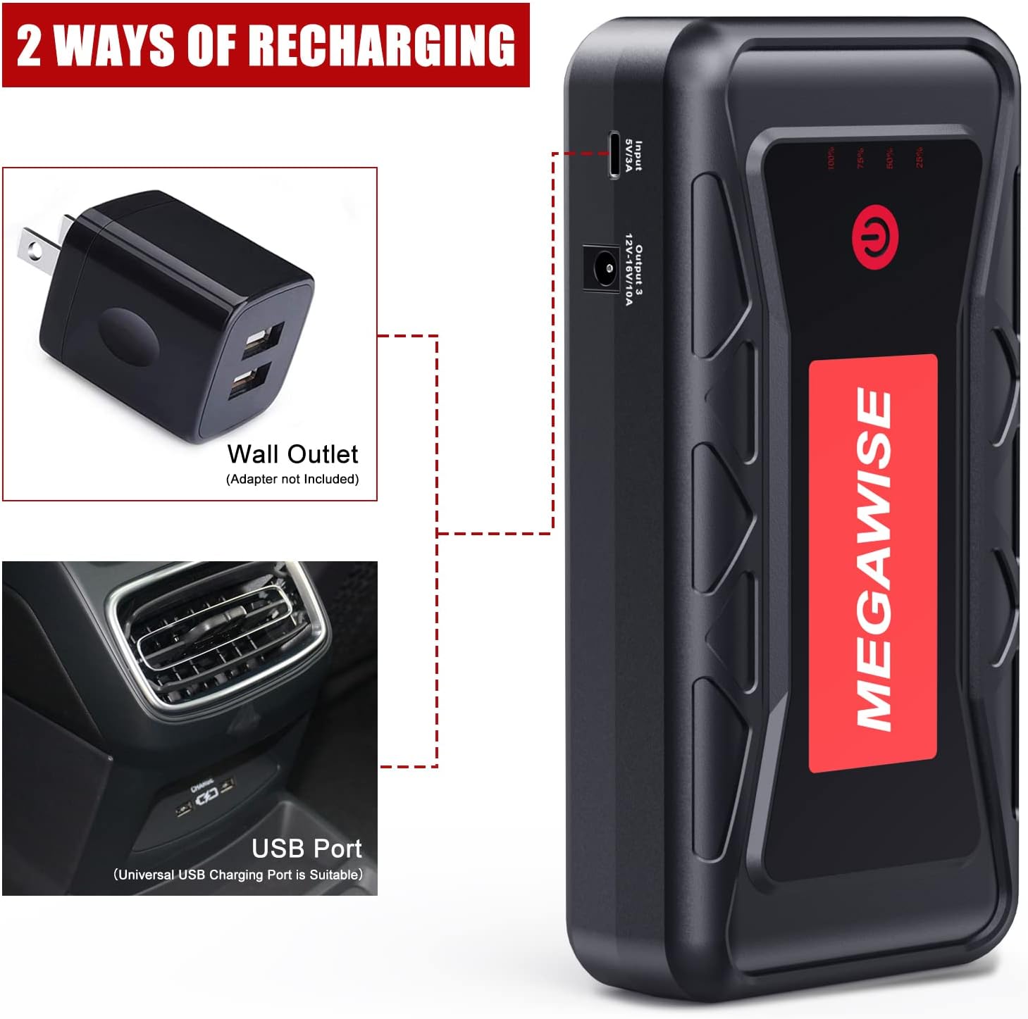 MEGAWISE 2500A Peak 21800mAh Car Battery Jump Starter (up to 8.0L Gas/6.5L Diesel Engines) 12V Portable Power Pack Auto Battery Booster with Dual
