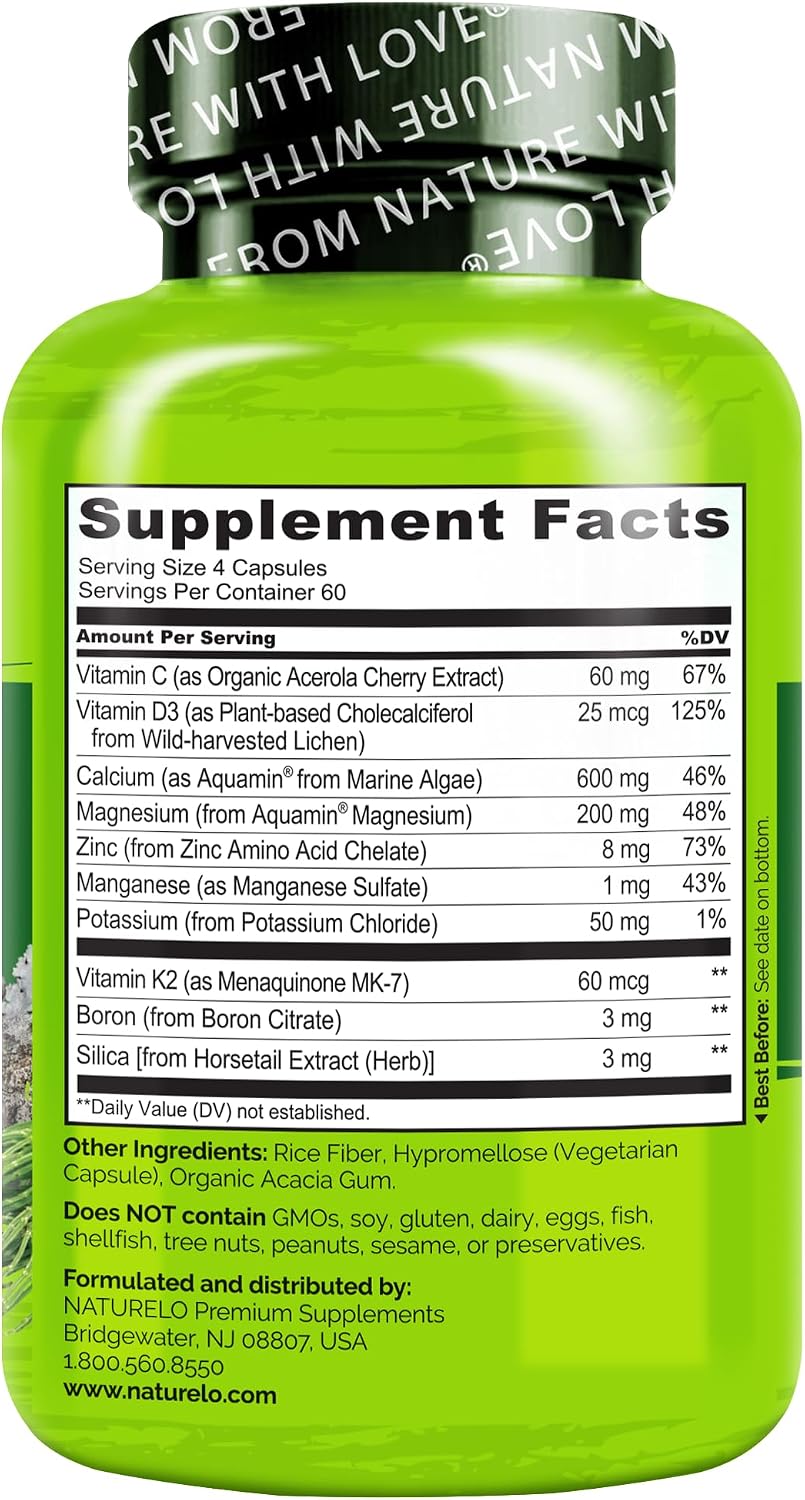 NATURELO Calcium Supplement with Vitamin C, D3, K2, 120 Vegetarian Capsules | Magnesium & Zinc for Bone Strength,Plant-Based Calcium 600mg , Non-GMO, Soy & Gluten-Free