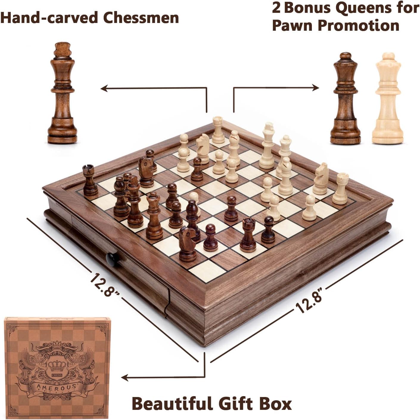 AMEROUS Magnetic Wooden Chess Set, 12.8" x 12.8" Walnut Chess Board Game with 2 Built-in Storage Drawers - 2 Bonus Extra Queens - Chess for Beginner