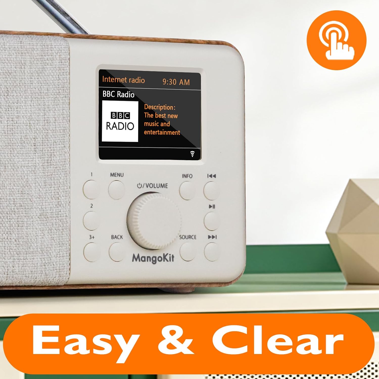 SR10 WiFi Radio, Bluetooth, FM & Internet, Walnut | 60 presets, dual alarms, colour display, OKTIV App control, podcast player, mains or AA battery, headphone jack, compact