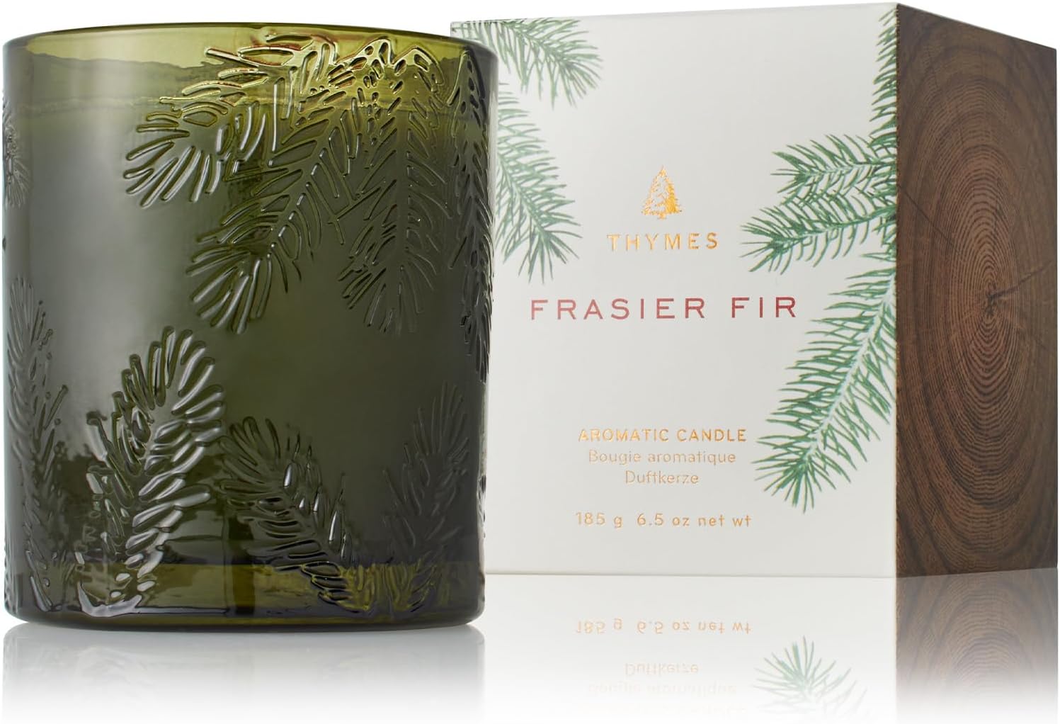 Thymes Frasier Fir Candle - Molded Green Glass Jar with Pine Needle Design - Winter Candle Gifts for Women & Men - Fresh Home Fragrance - Notes of