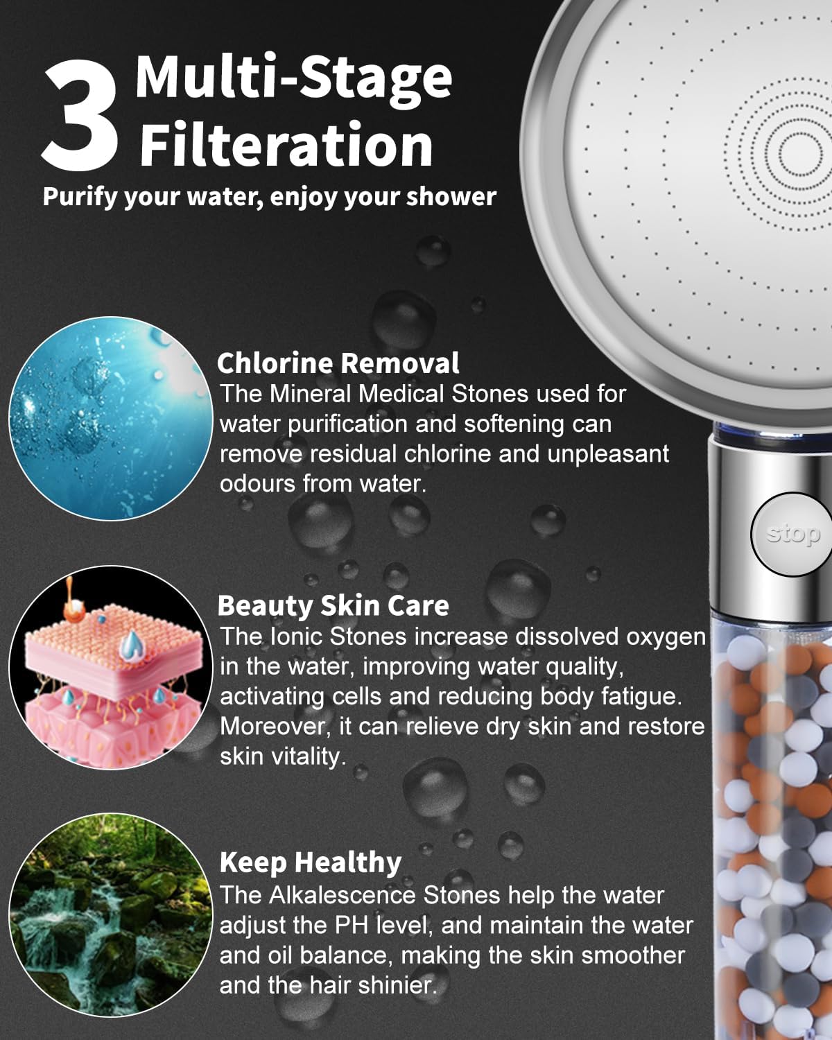 Filtered Shower Head with Handheld, High Pressure, for Hard Water