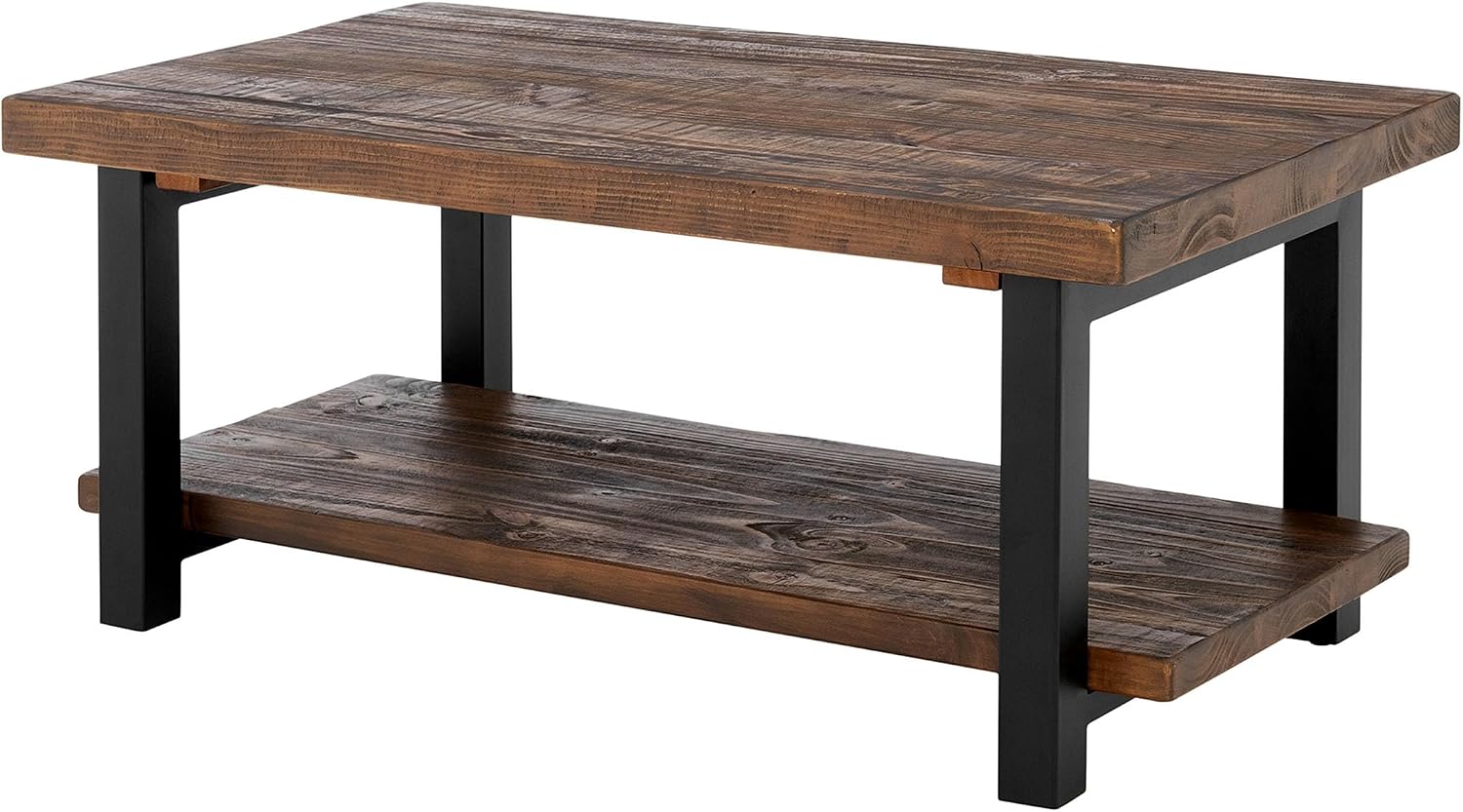 Alaterre Furniture Pomona Solid Wood 2-Tier End Table, Rustic Brown, 27” | Nightstand with Storage Shelf and Metal Legs, Industrial Farmhouse Chair Side Table for Living Room or Bedroom