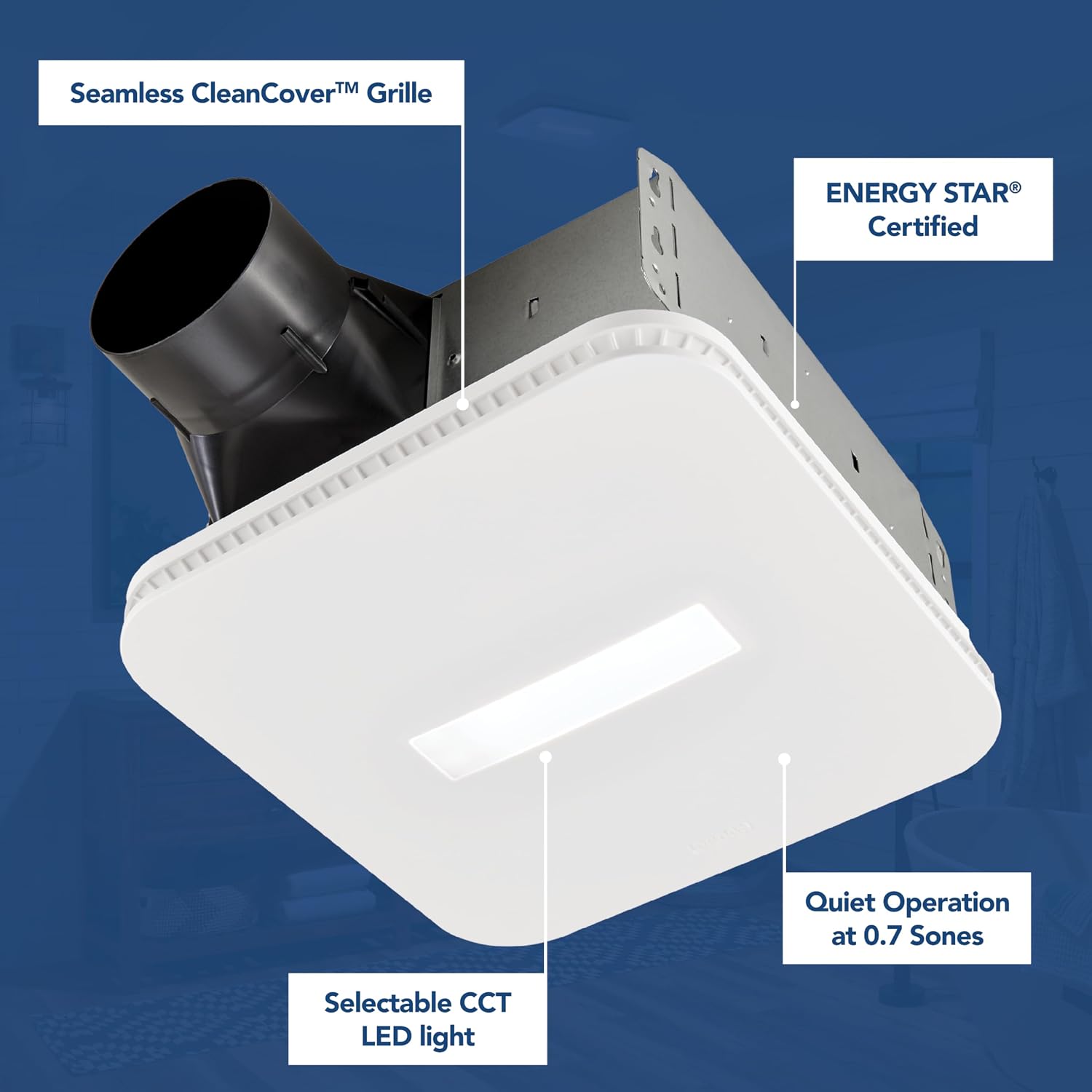 Broan-NuTone Bathroom Exhaust Fan – Retrofit Design Replaces Existing Fan Without Attic Access, Quiet 1.0 Sones, 110 CFM, Powerful Ventilation with 4 Selectable CCT Light Settings for a Modern Look