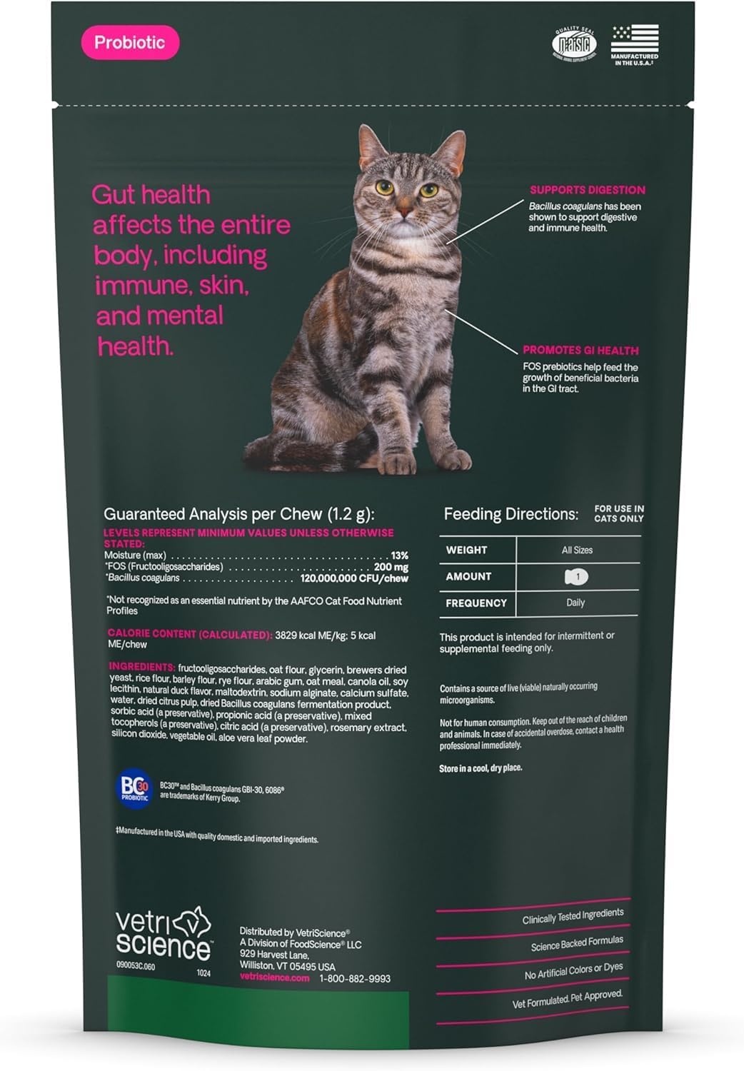 VetriScience Gut Health Chews, Probiotic Everyday Digestive Supplement for Cats, Pet Probiotics for Digestion Support, Gas and Diarrhea