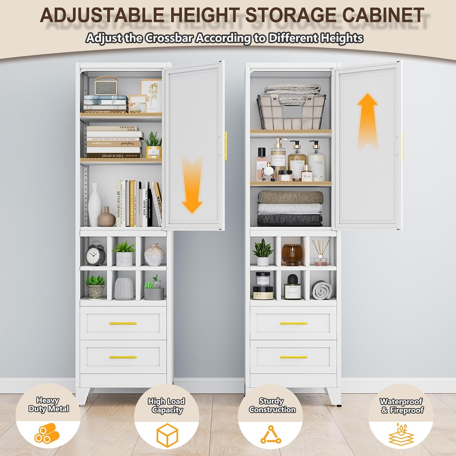 pozdeg 67" Tall Narrow White Metal Storage Cabinet | 2 Doors, 4 Adjustable Shelves, Freestanding Slim Pantry Organizer for Bathroom Kitchen Living Room
