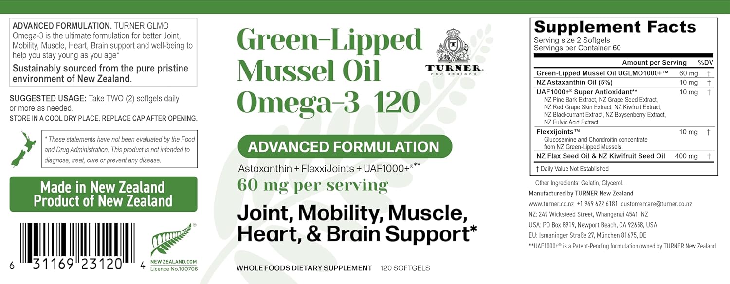 TURNER Omega-3 New Zealand Green Lipped Mussel Oil, 53x Higher Potency with UAF1000+ Super Antioxidant for Superior Joint Comfort & Mobility