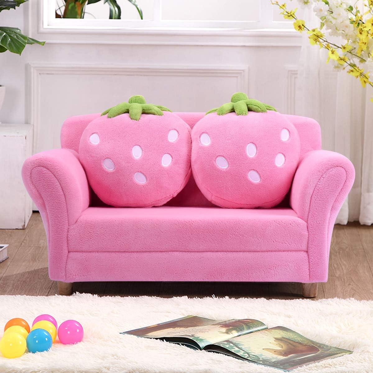 Costzon Kids Couch, Double Seat Pink Children's Sofa with 2 Strawberry Pillows, Toddler Armrest Chair for Bedroom, Living Room
