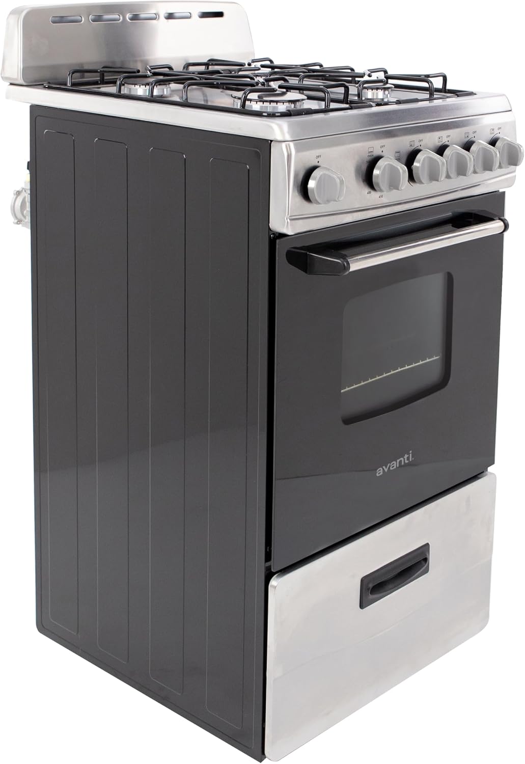 Avanti Compact Gas Range Oven, 4 Sealed Burners, 20-Inch, Stainless Steel | Avanti Compact Gas Range Oven, Freestanding with 4 Sealed Burners, Broiler with Pan, Storage Drawer, 20-Inch, Stainless Steel