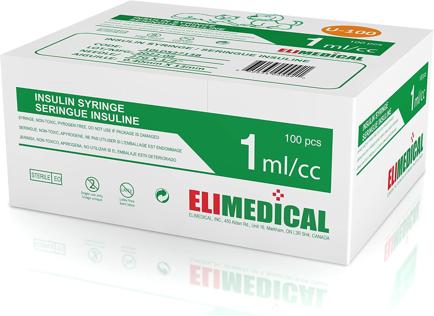 Elimedical Veterinary Insulin Syringe, U-100, 1cc (1ml), 27G x 1/2 inch (12.7mm), Individually Packed, for Pet Cat or Dog, 100 per box, 10LDS2713B