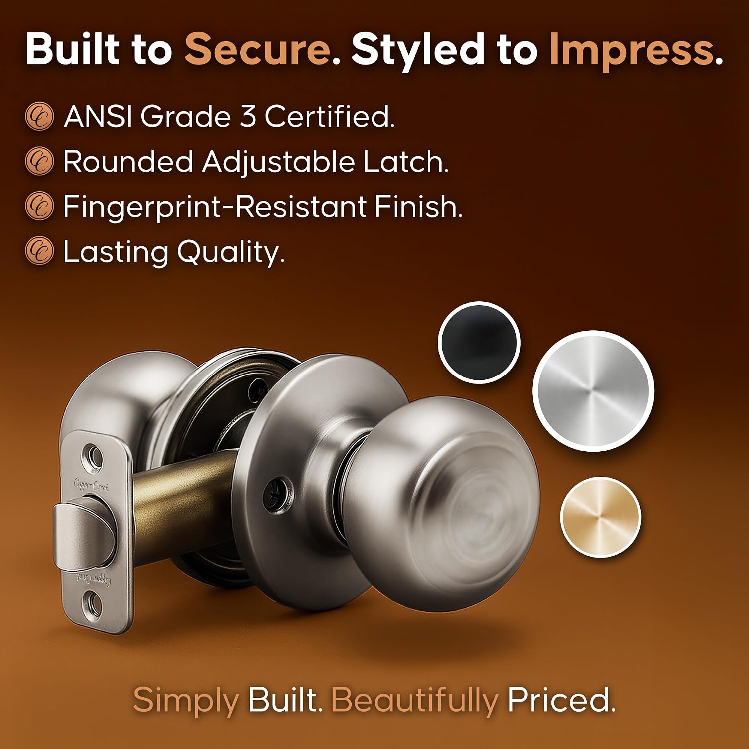 Copper Creek Colonial Privacy Interior Door Knob – ANSI Grade-3 Certified, Modern Heavy Duty Handle, Easy Install and Reversible for Bedroom, Bathroom and Closets – Satin Stainless (1 Pack)