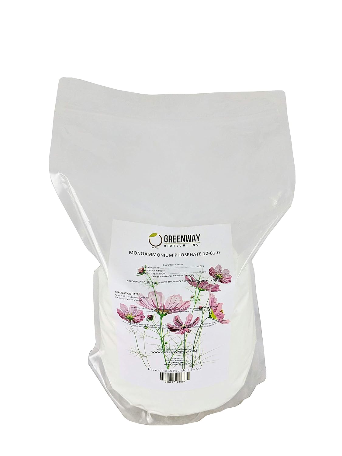 Greenway Biotech, Inc. Monoammonium Phosphate Fertilizer 12-61-0 Contains 12% Nitrogen and 61% Phosphorus- The Ultimate Plant Growth and Blooming Enhancer for Hydroponics and Soil Use - 10 Pounds