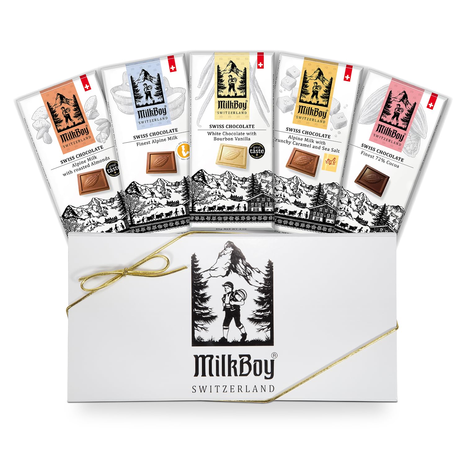 MilkBoy Swiss Chocolates Chocolate Bar Variety Flavors - 3 oz, 5 Pack | Includes milk, dark, white bourbon vanilla, caramel sea salt & almond flavors. Rainforest Alliance certified cocoa. Kosher.