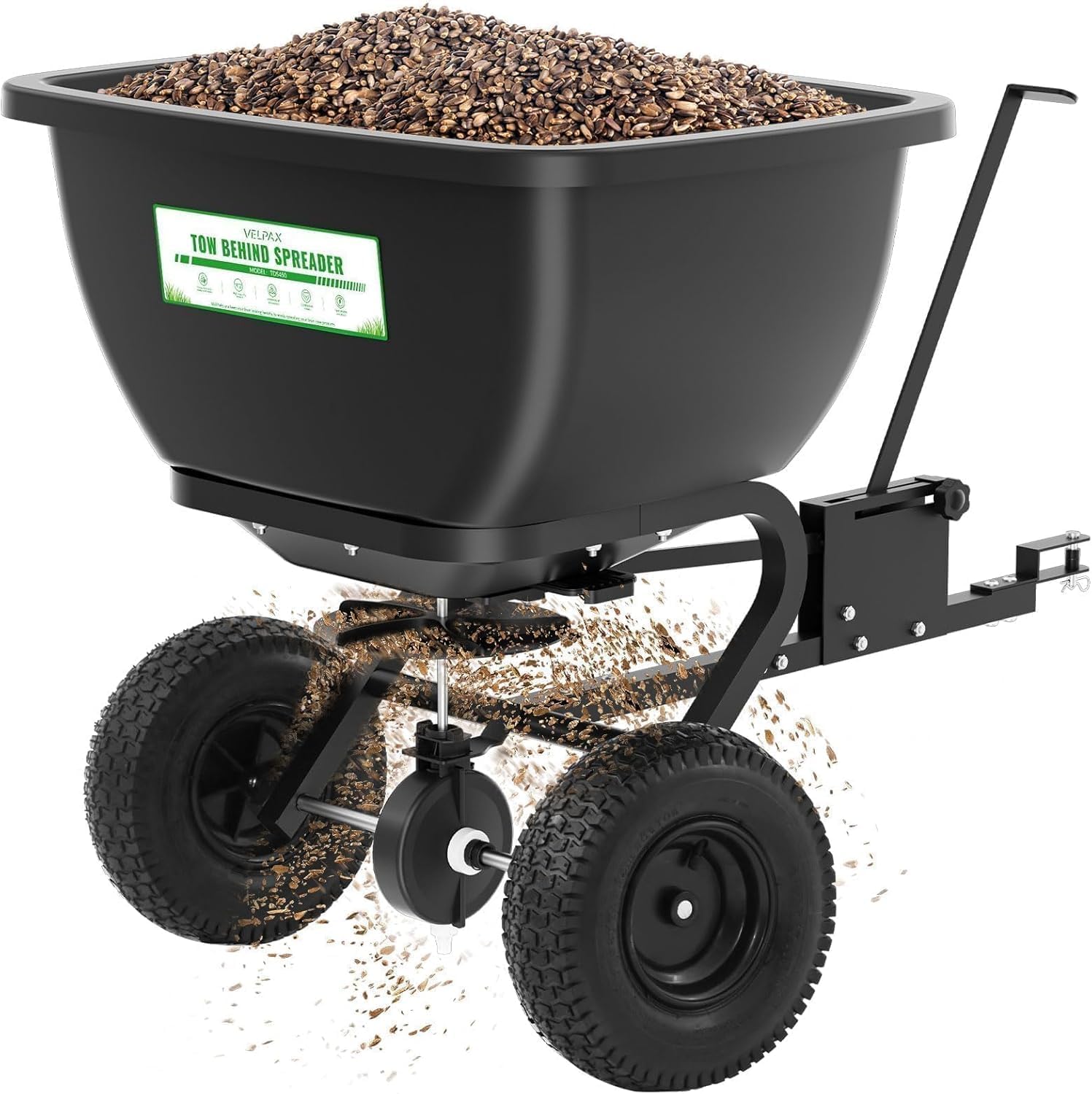 VELPAX 200LB Tow Behind Broadcast Spreader, Fertilizer Spreader Holds up to 550 lbs with 13" Pneumatic Tires and Adjustable Flow Control Lever