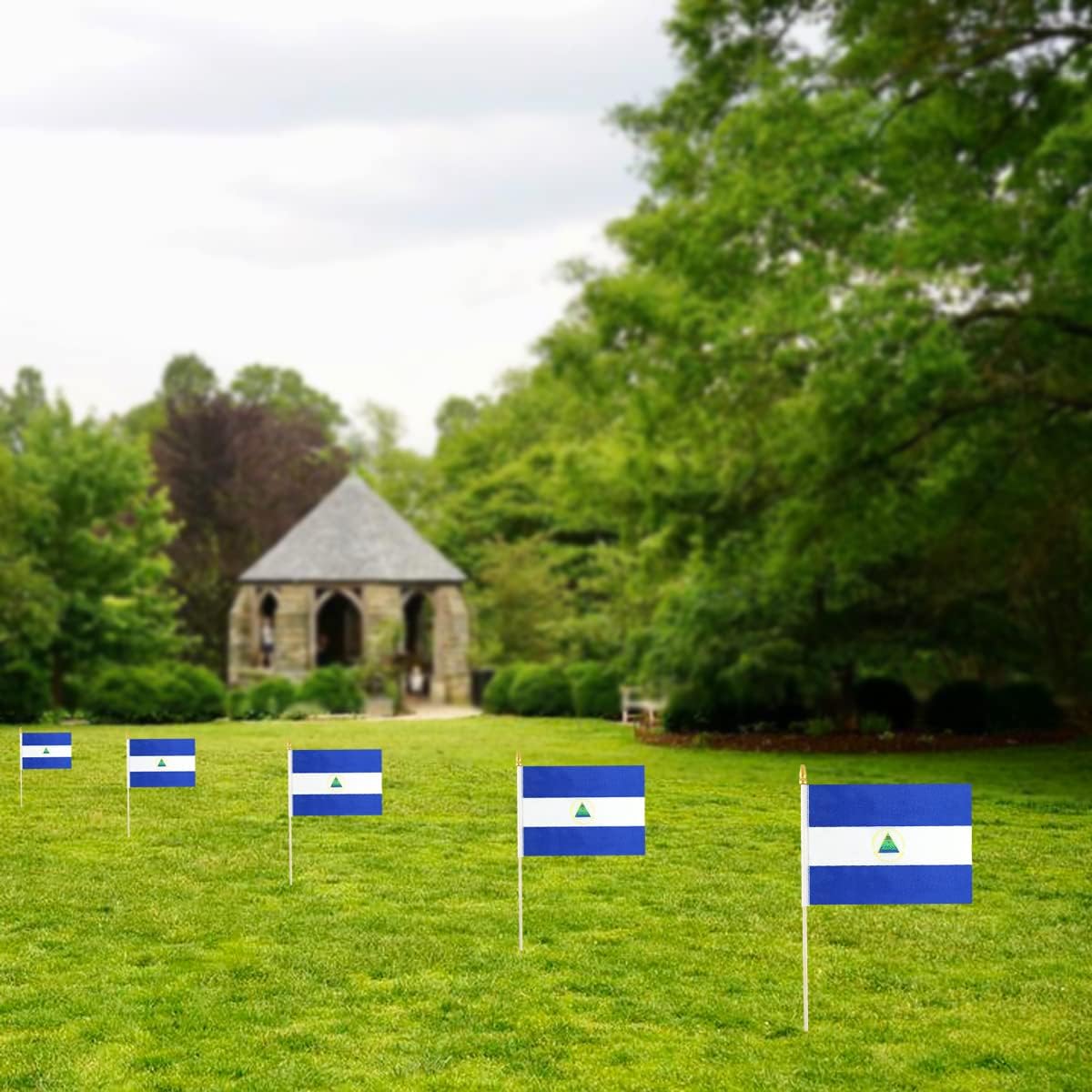 QQSD Nicaragua Small Flag Nicaraguan Stick Mini Hand Held Flags - Solid Wooden Pole with Spear Top, 12 Pack