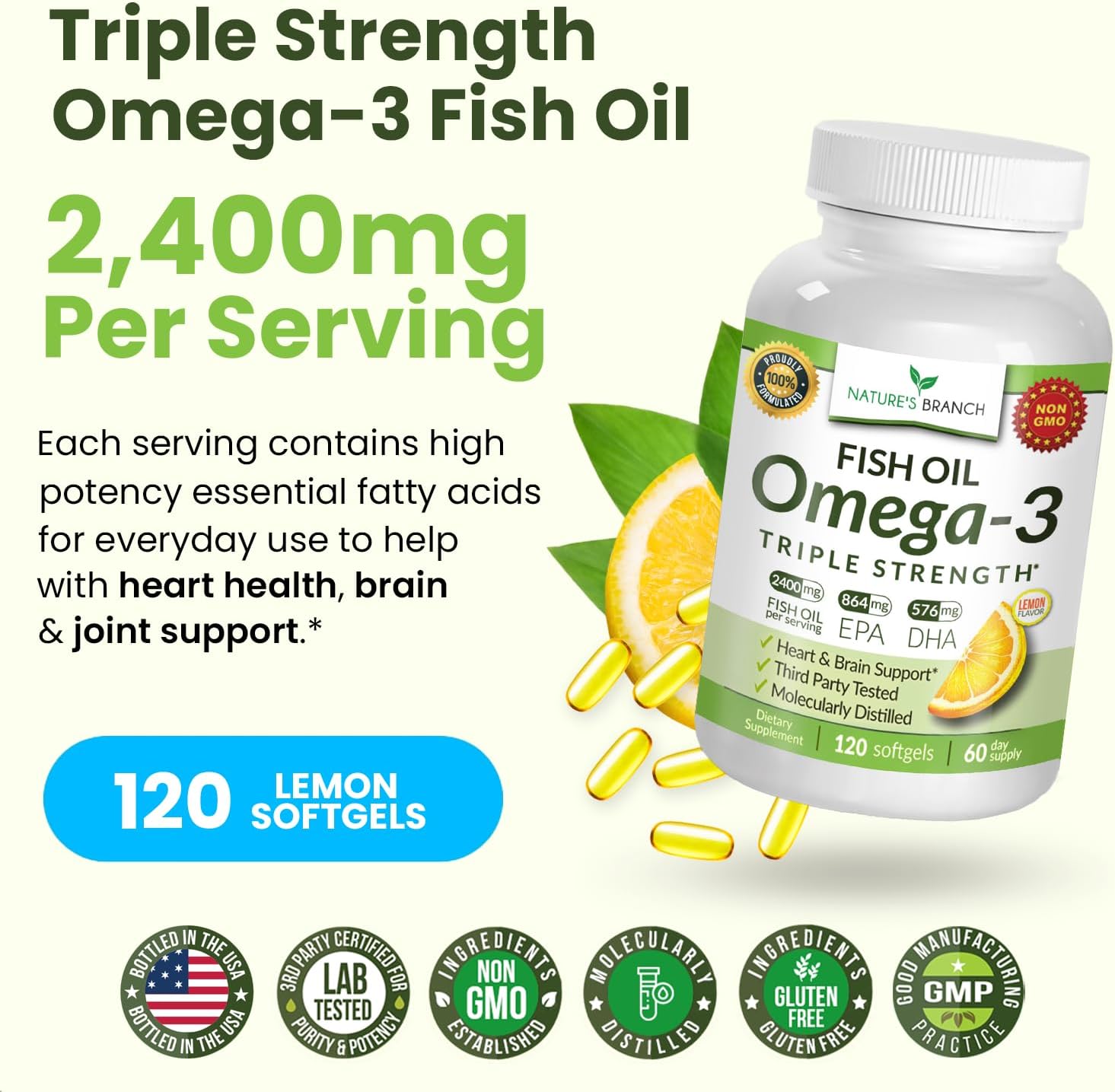 Triple Strength Omega 3 Fish Oil for Heart Health, Brain & Eyes – Burpless | High EPA & DHA Fish Oil for Men & Women, Lemon Flavor, Third Party Tested, Omega 3 Supplements for Joints – 120 Capsules