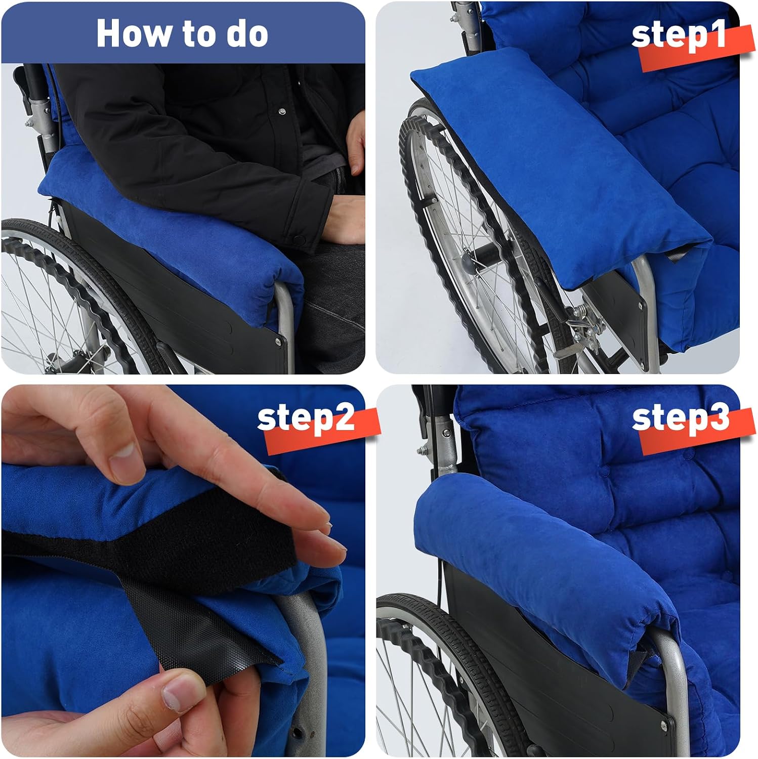 Wheelchair Cushions，Pressure Pain Relief Accessories with Armrest Covers. Supports Coccyx & Back, Non-Slip. Fits 18" Wheelchair with Full Arms, Blue.