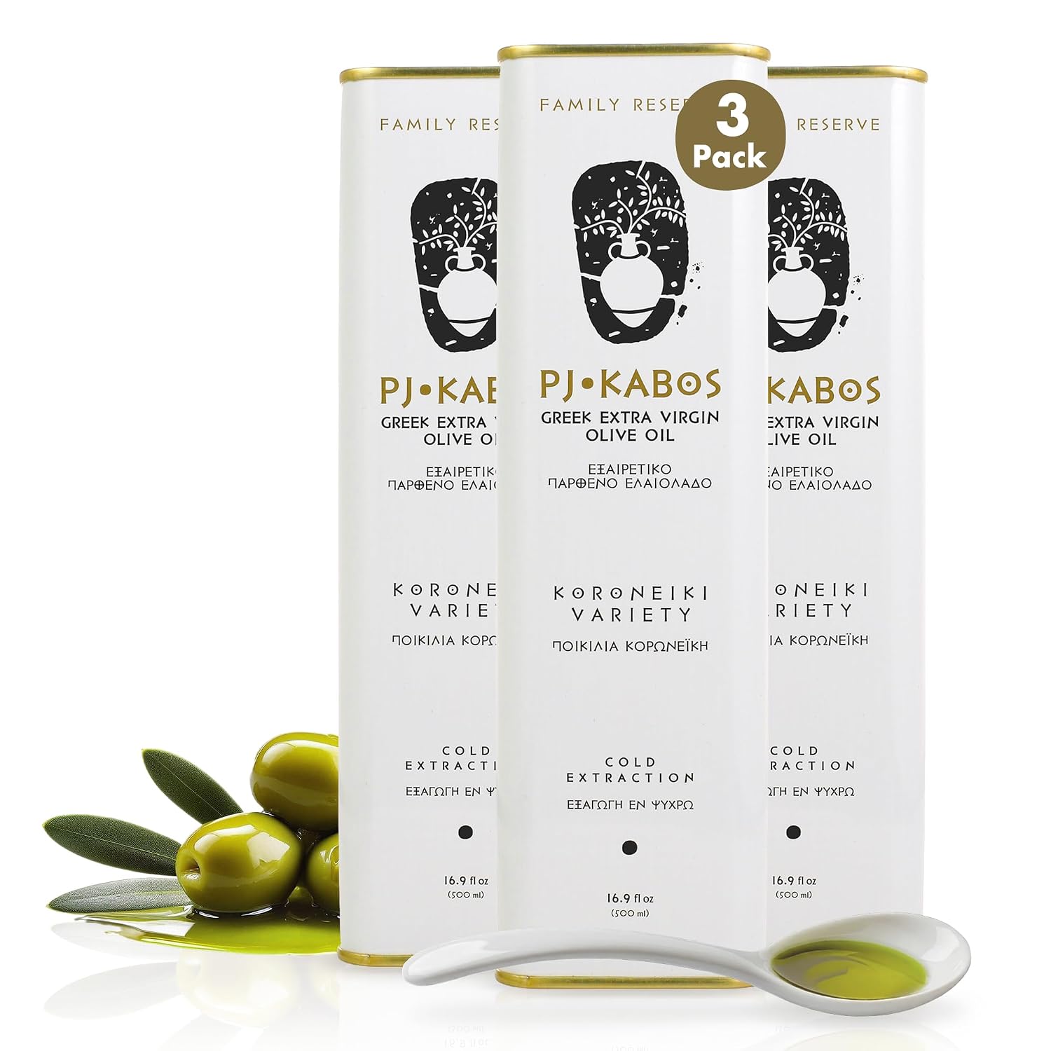 P.J. KABOS Fresh 2025/26 Harvest, High Phenolic (400+mg/kg), Natural Greek Extra Virgin Olive Oil, Kosher, Greece, Cold Extracted, 16.9 oz Tin, Koroneiki, "Family Reserve -Medium"