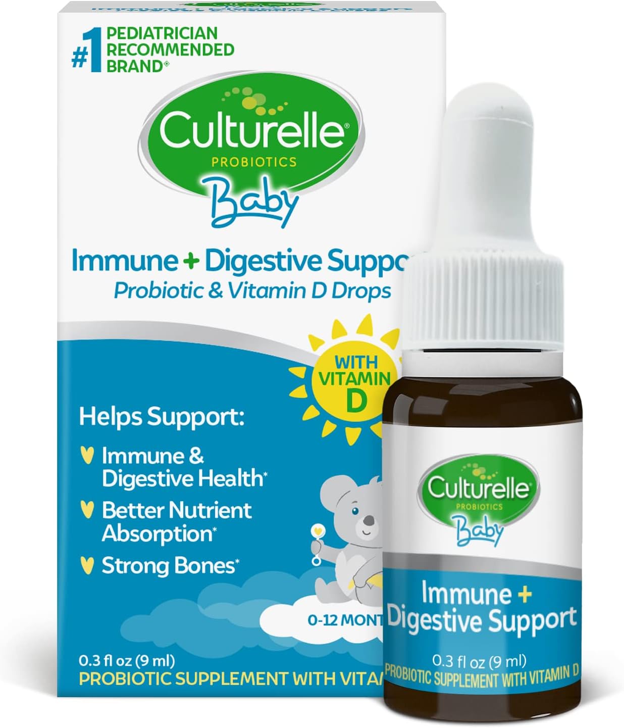 Culturelle Baby Probiotic Drops + Vitamin D, Immune & Digestive Health 9ml | Lactobacillus rhamnosus GG & Bifidobacterium lactis BB-12 (R) strains