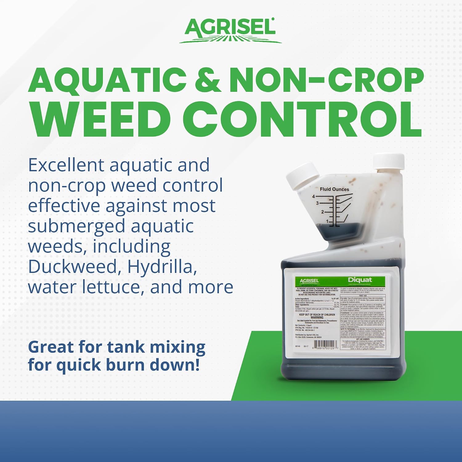 Agrisel Diquat Weed Killer, Pet Safe, 32 Ounces | Fast-Acting Formula for Aquatic and Landscape Weeds, Safe on Ornamentals, Visible Results in 1-2 Days