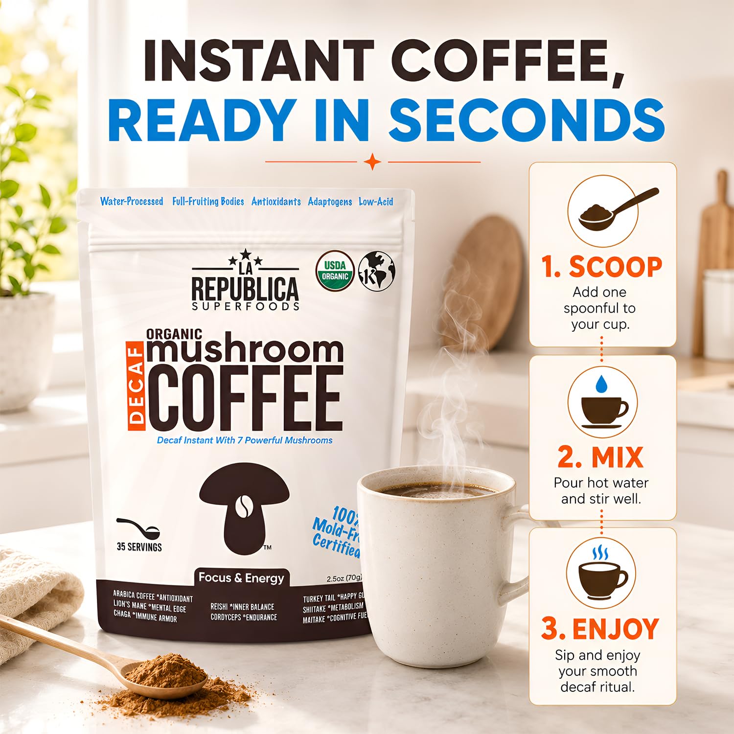 La Republica DECAF Organic Mushroom Coffee (35 Servings) with 7 Superfood Shrooms, Great Tasting Instant Mix Includes Lion's Mane, Reishi, Chaga, Cordyceps, Shiitake, Maitake, and Turkey Tail (Decaffeinated)