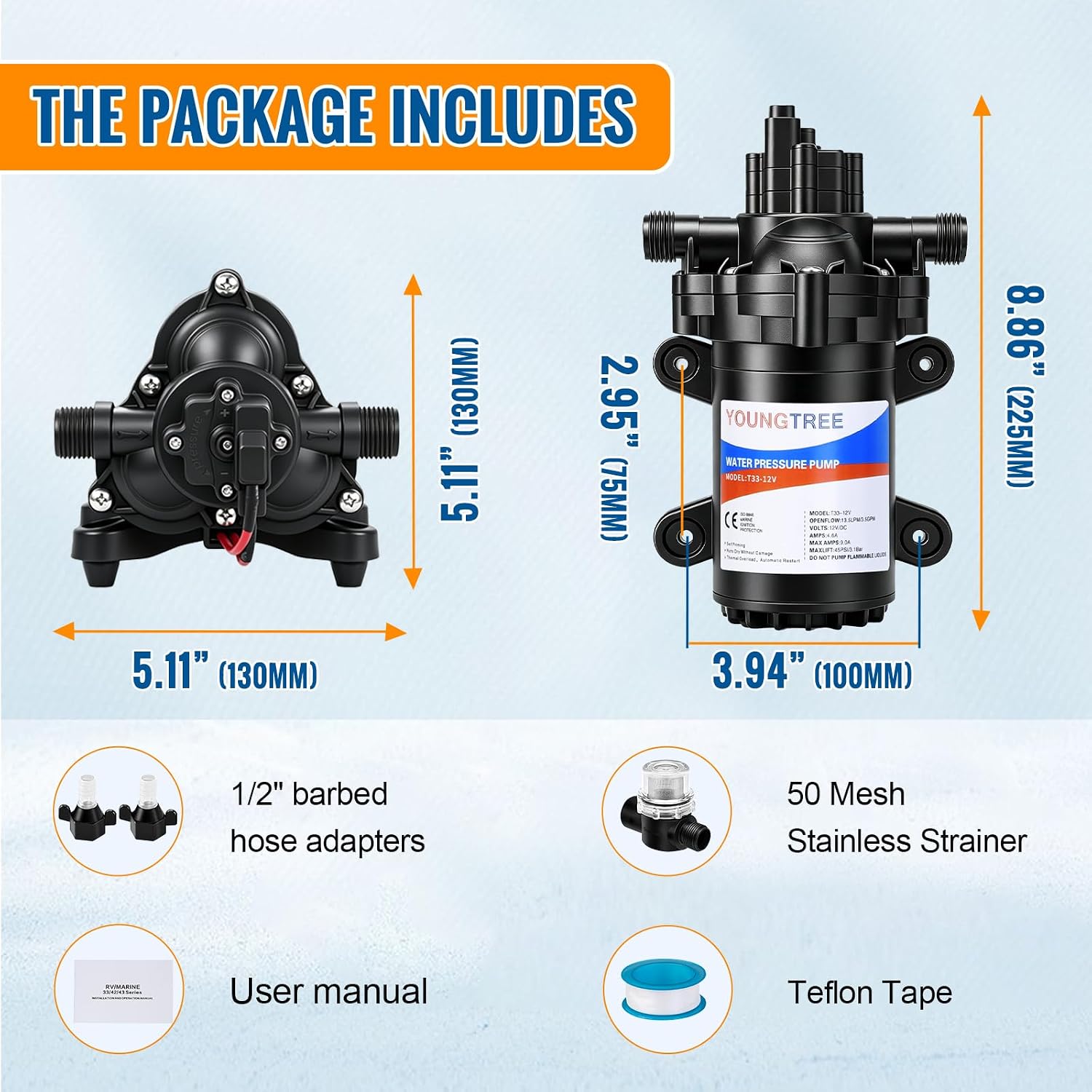 YOUNGTREE RV Water Pressure Diaphragm Pump 110V 4.0GPM 50PSI On Demand Fresh Water Transfer Pump 110Volt AC with Garden Hose Adapters for Irrigation Home Pool Draining Sprinkler