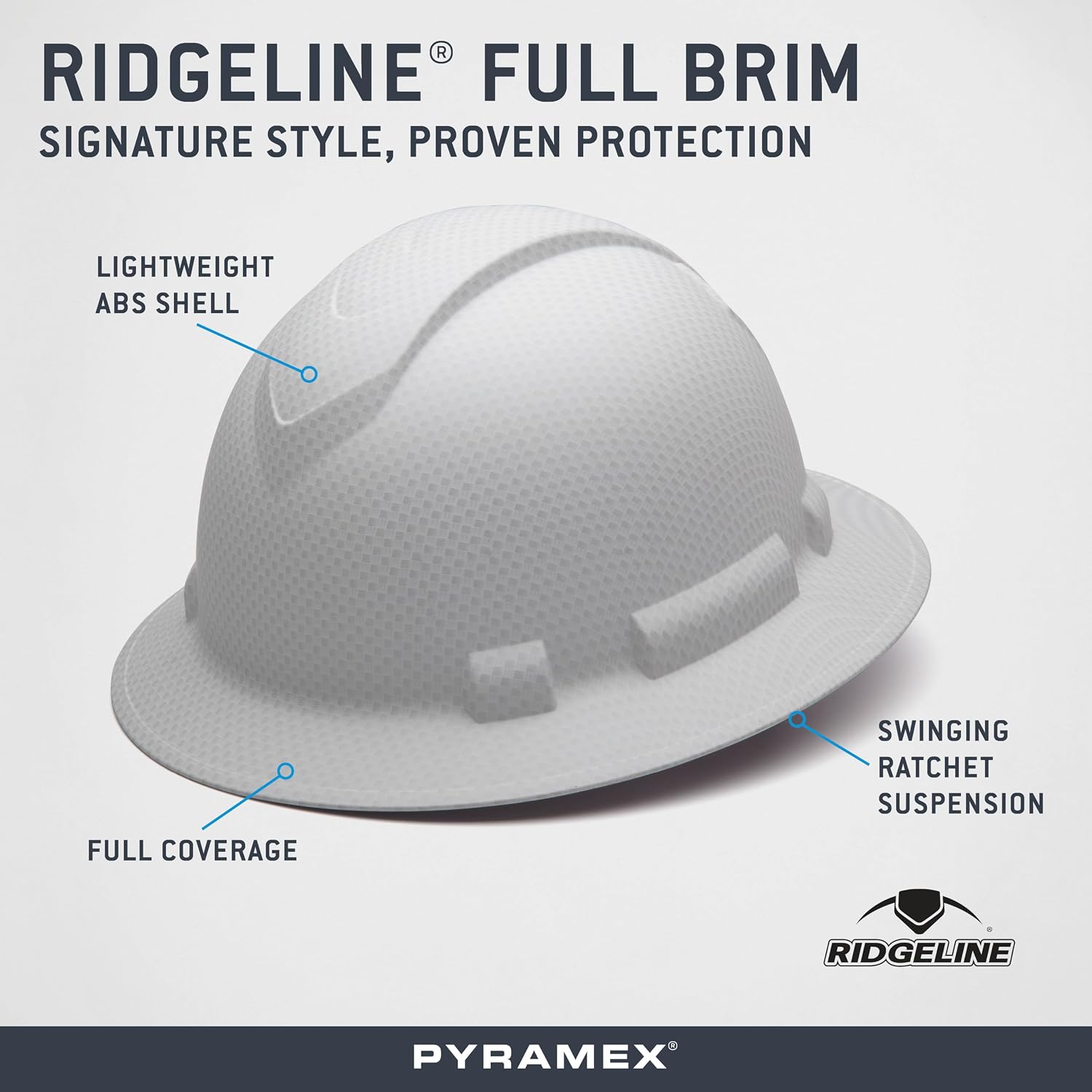 Pyramex Ridgeline Full Brim Hard Hat 4 Point Ratchet White | Full-brim sun & rain protection, HDPE shell, Ratchet suspension, Construction & utility, ANSI Z89.1 Type I Class C/G/E