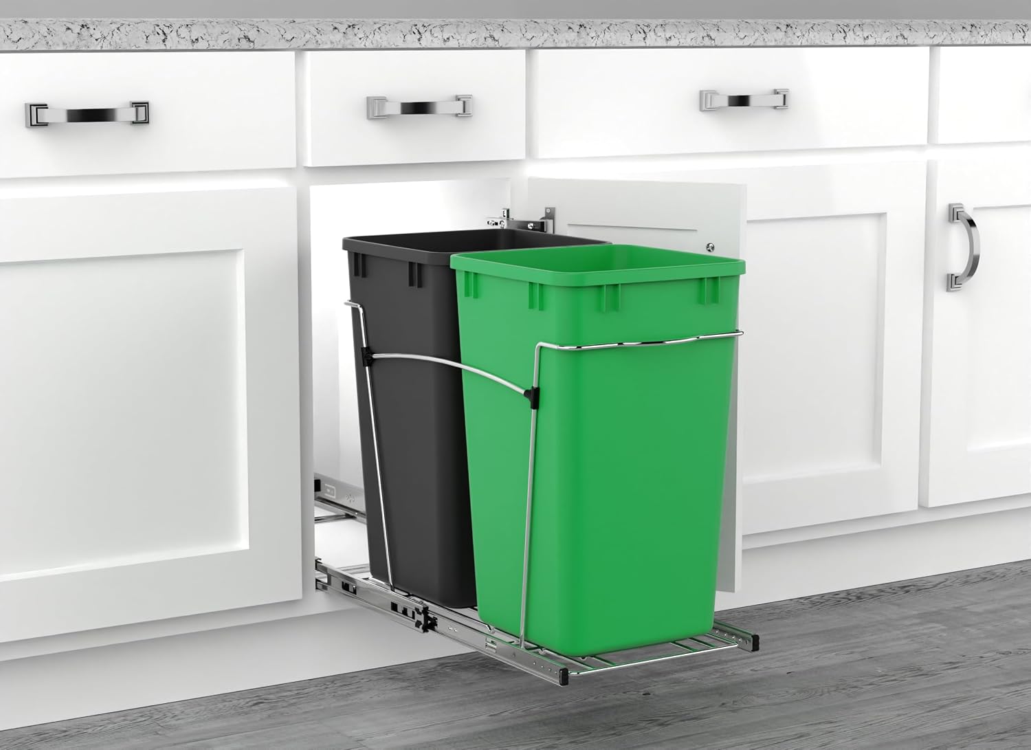 Rev-A-Shelf Double 27 Qt Pullout Trash Can for Base Kitchen Cabinets, Garbage Waste Bin System with Full Extension Slides, Min Opening Width of 11.5", Metallic Silver, RV-15KD-17C S