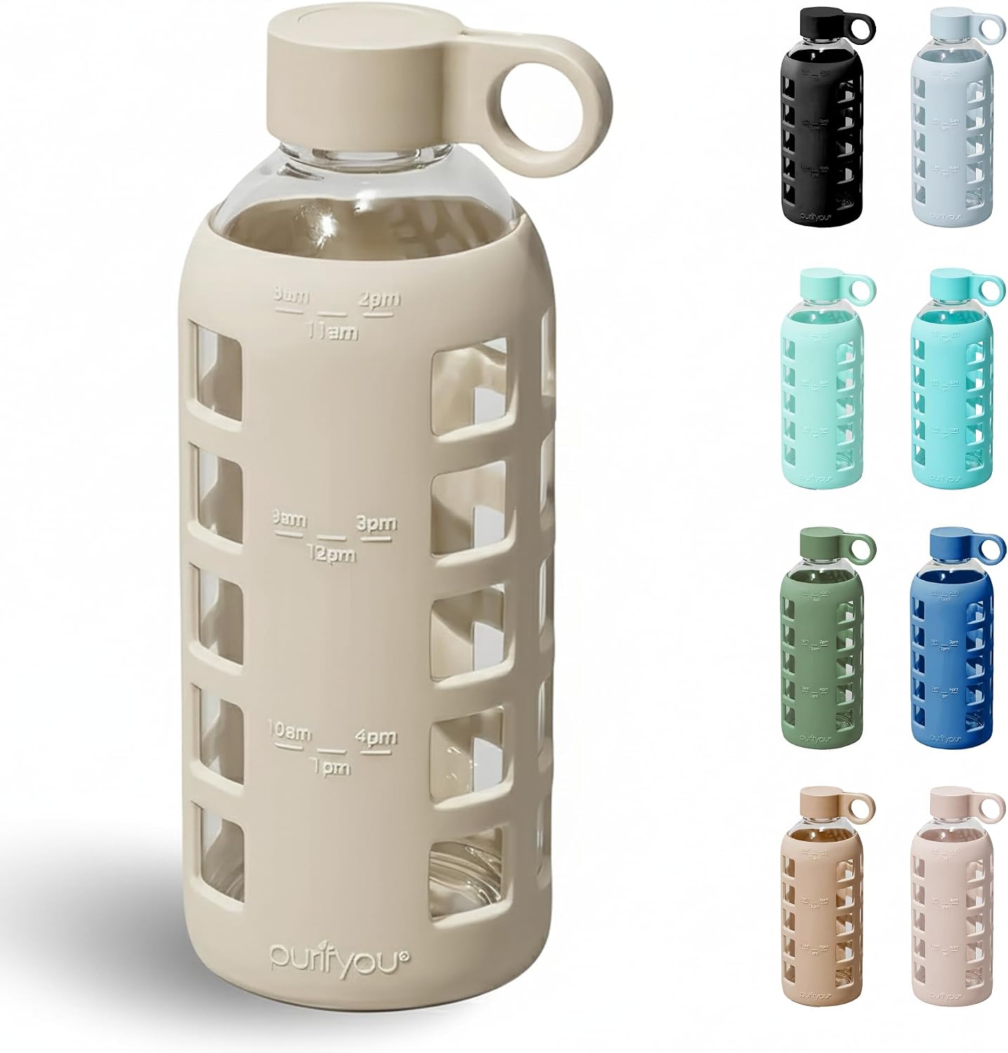 purifyou 40oz / 32oz / 22oz / 12oz Borosilicate Glass Water Bottle with Time & Volume Markers, Silicone Sleeve