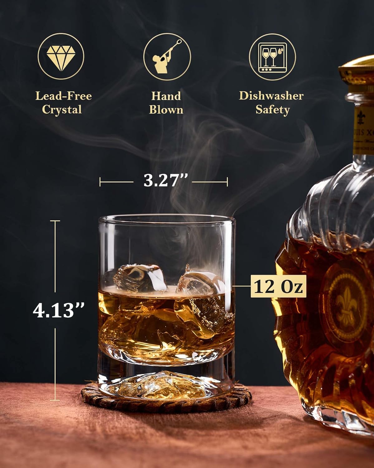 JBHO Hand Blown Crystal Double Old Fashioned Cocktail, Solid Whiskey Glasses, Rocks Glasses