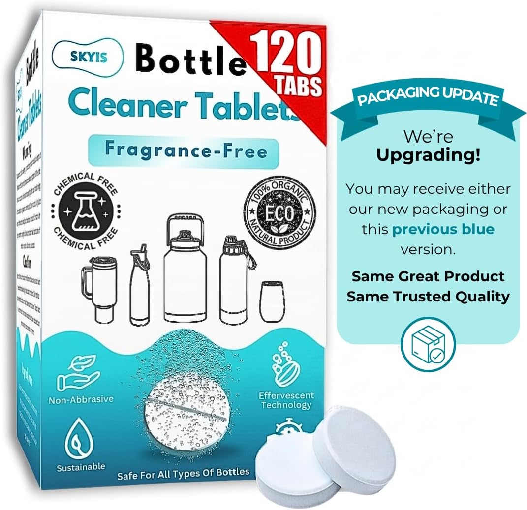 Skyis Water Bottle Cleaning Tablets 120 Pack, Up to 2 Years Supply, No Scrub Bottle Cleaner for Stainless Steel, Tumbler, Hydration Bladder