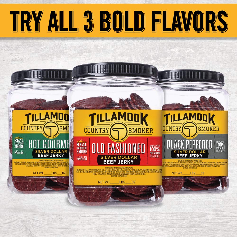 Tillamook Country Smoker Real Hardwood Smoked Silver Dollar Beef Jerky, Old Fashioned (13 Ounce) and Sausages, Teriyaki (15.2 Ounce Tall Jar