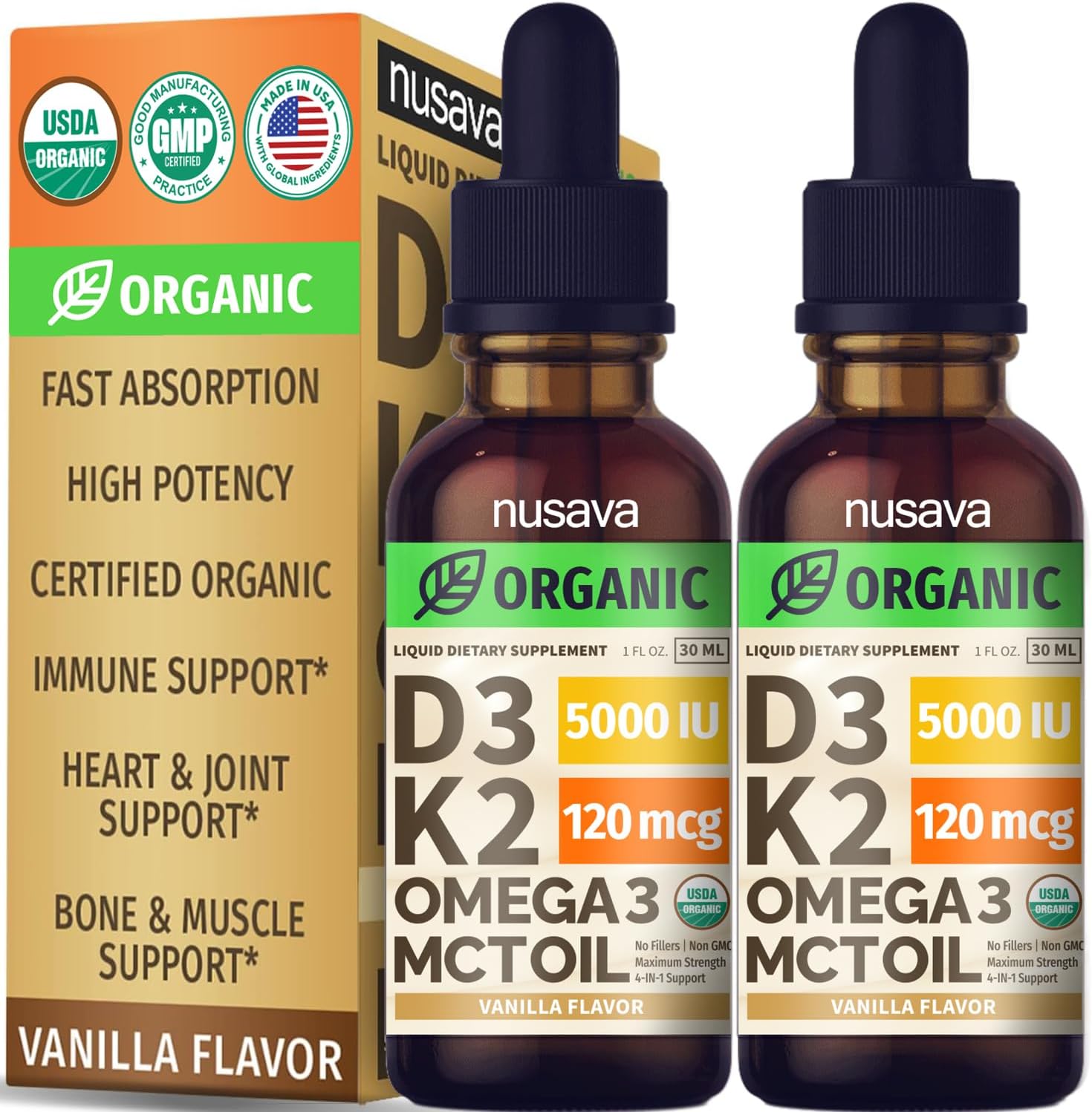 Nusava Organic Vitamin D3 K2 Drops with MCT Oil, Unflavored, Pack of 2